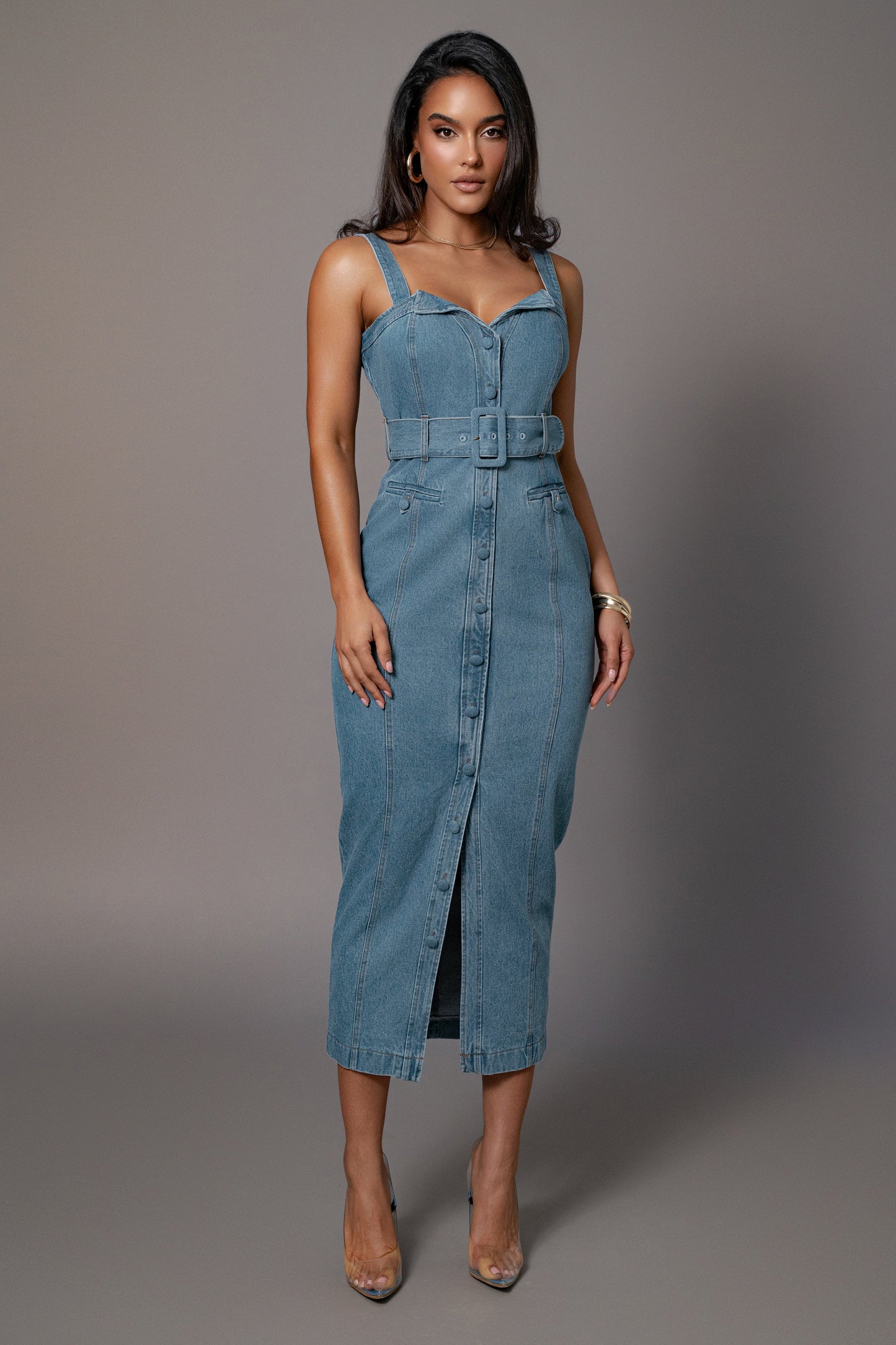 Medium Wash Celene Denim Maxi Dress JLUXLABEL