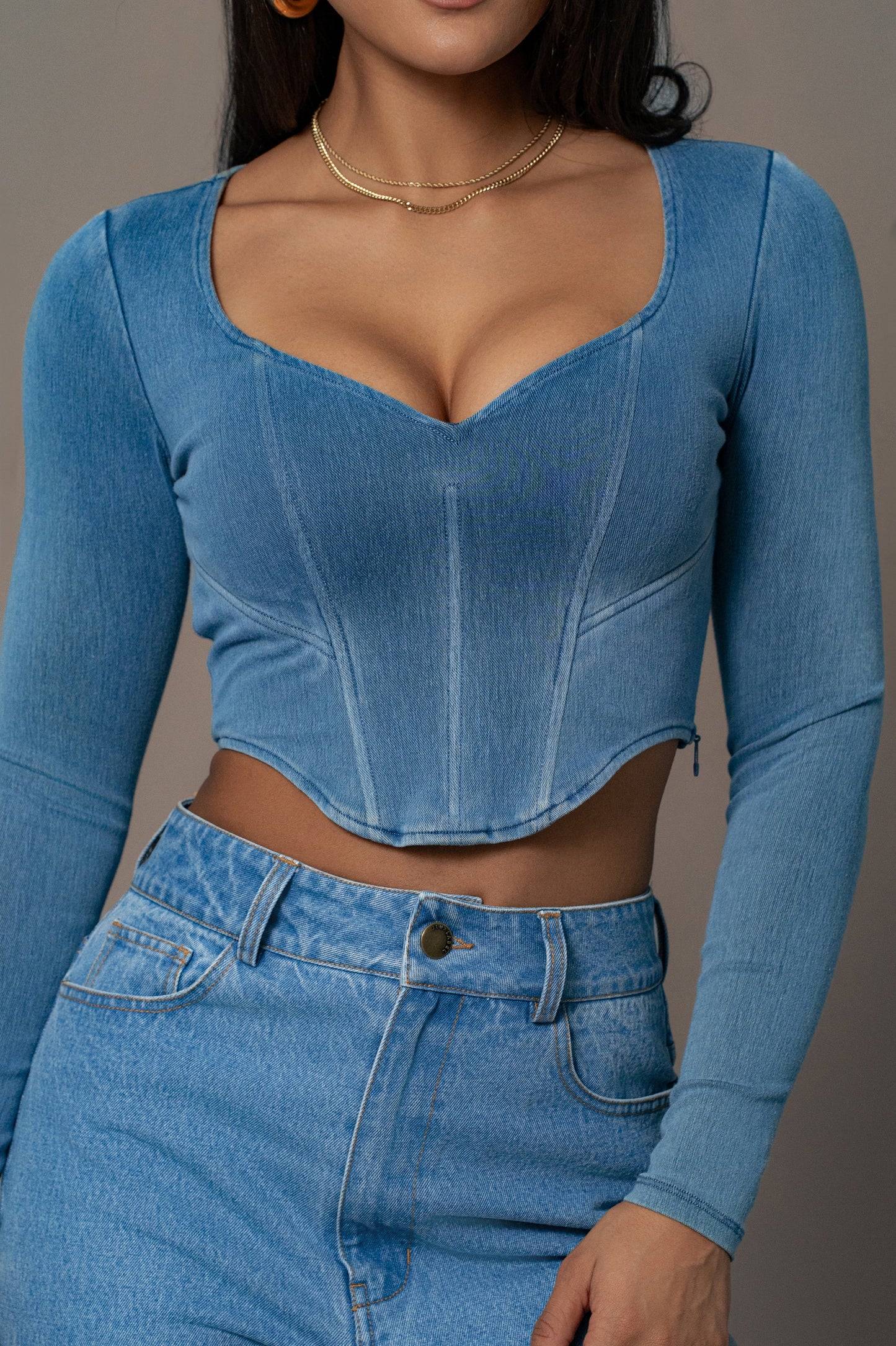 Medium Wash Tesa Sweetheart Denim Top JLUXLABEL