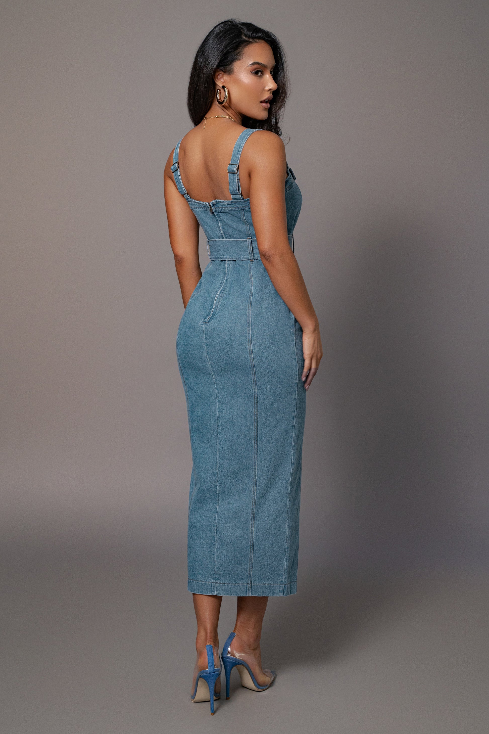 Medium Wash Celene Denim Maxi Dress JLUXLABEL
