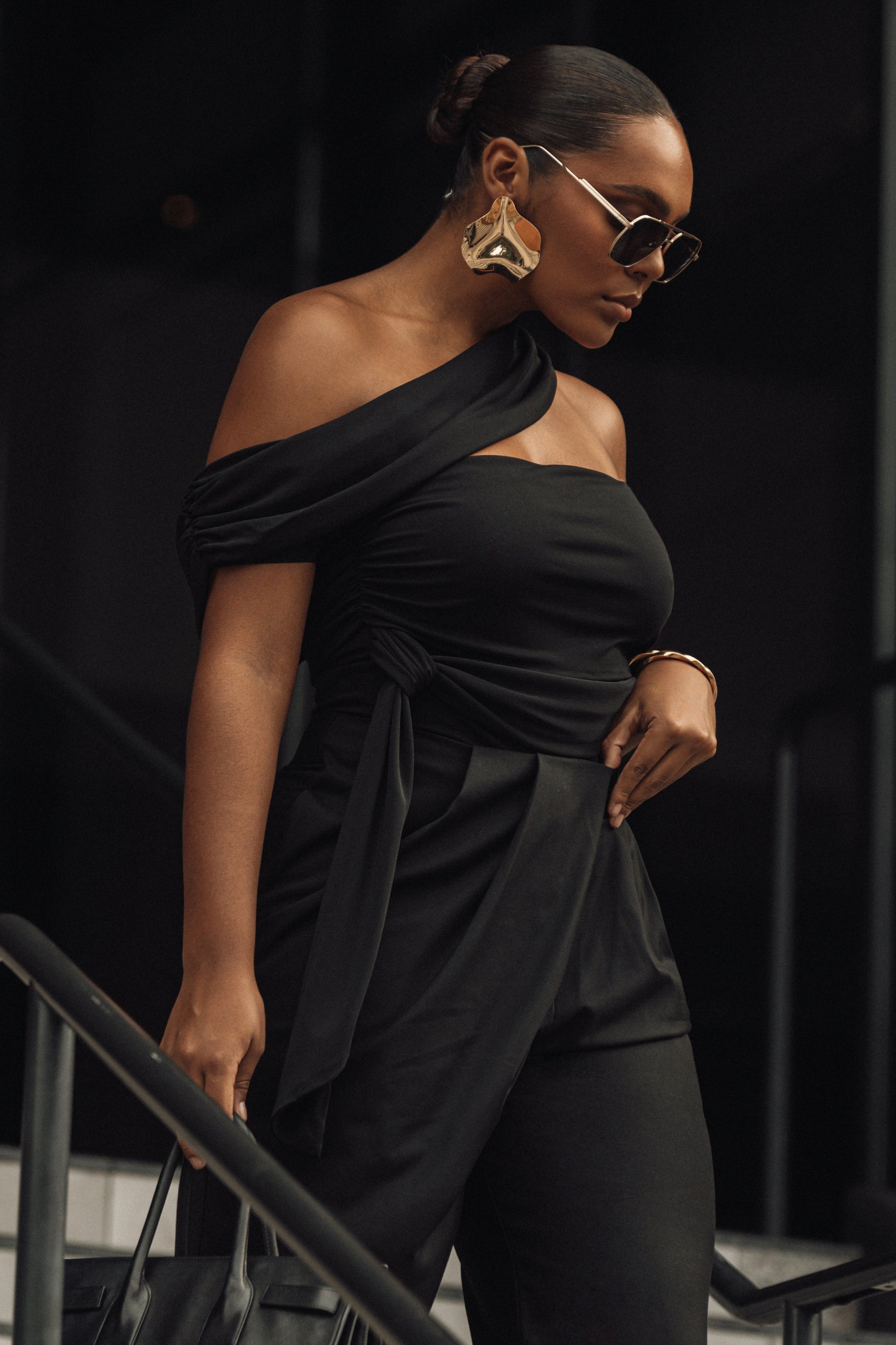 Black Asymmetrical Draped Trousers JLUXLABEL