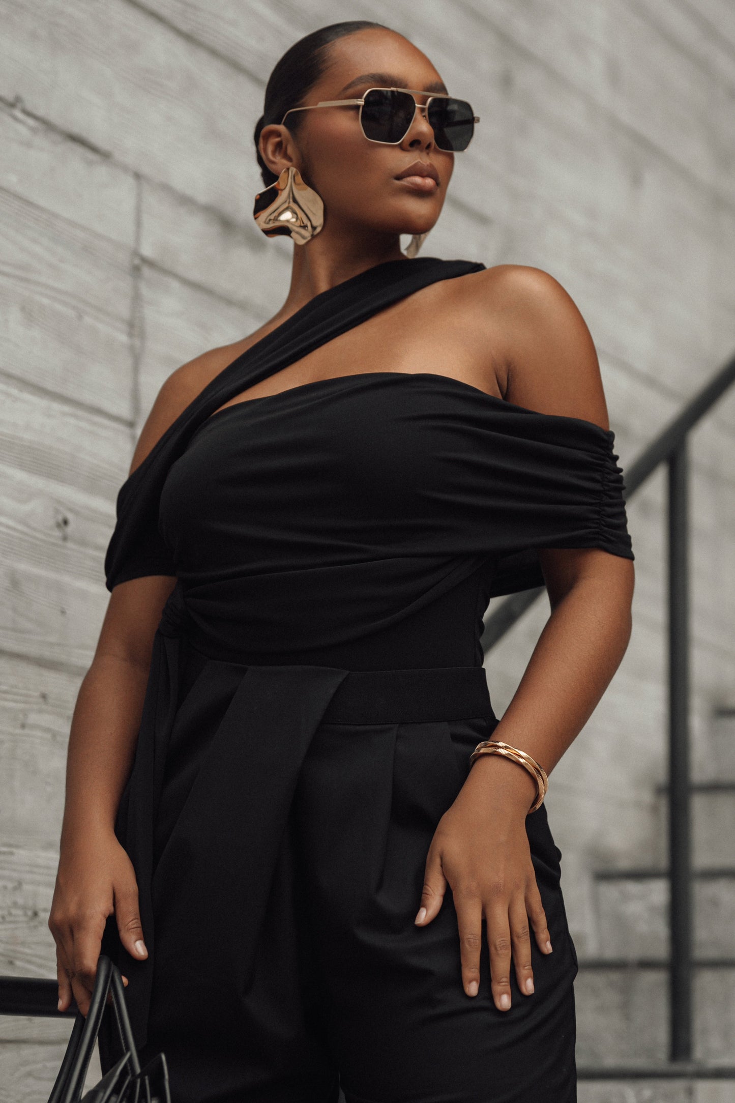 Black Above All Drape Bodysuit JLUXLABEL