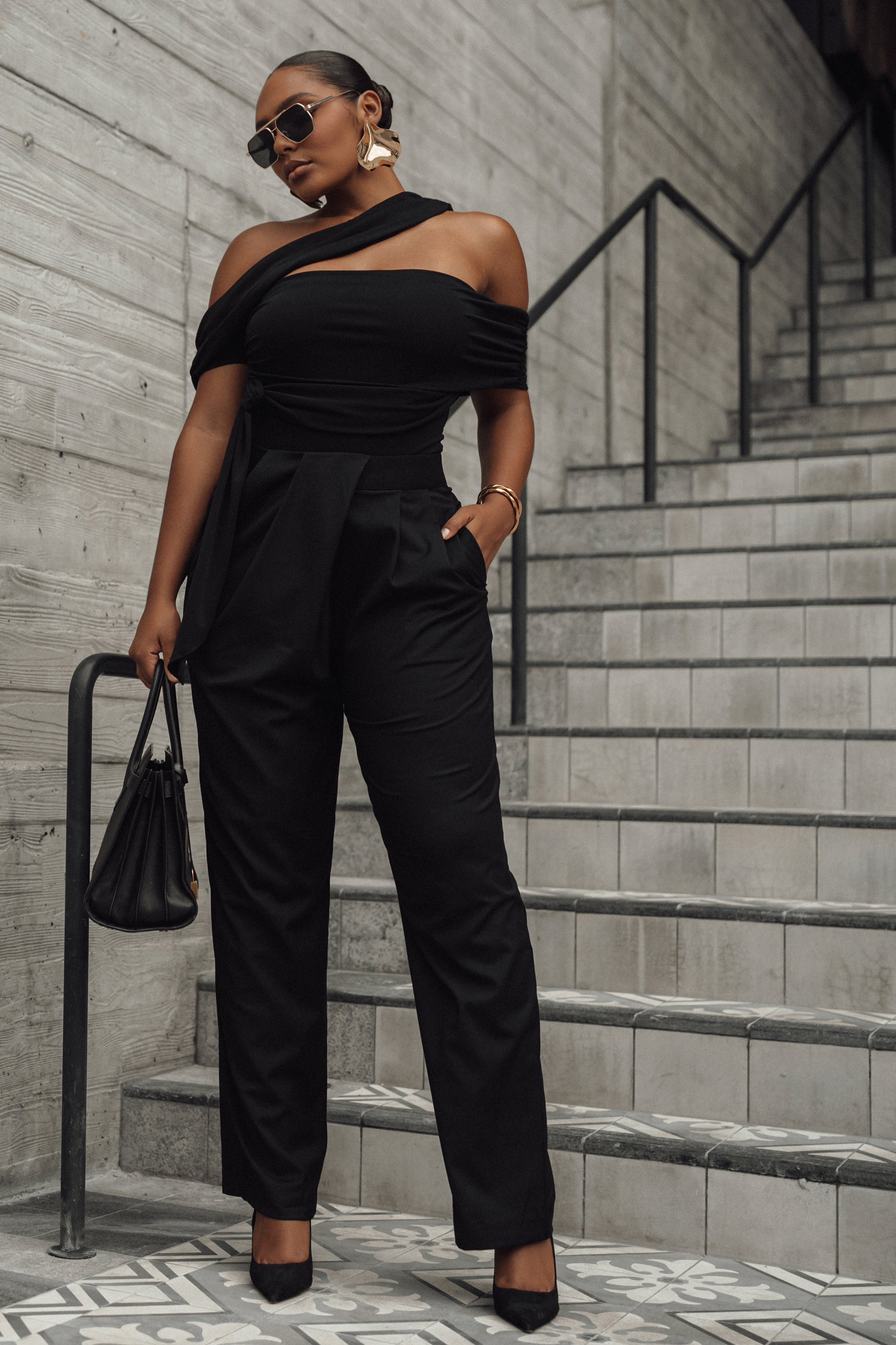 Black Asymmetrical Draped Trousers JLUXLABEL