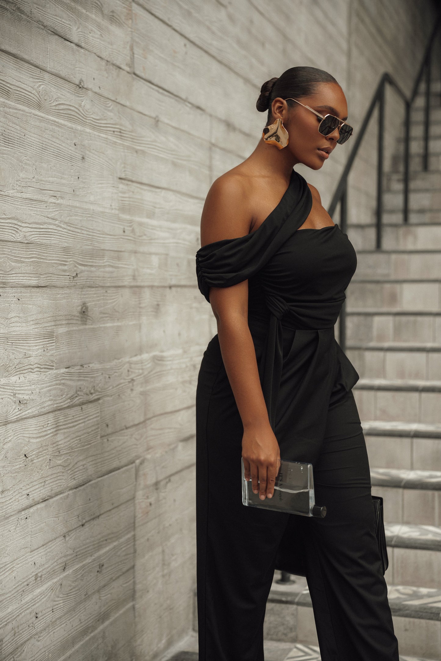 Black Asymmetrical Draped Trousers JLUXLABEL