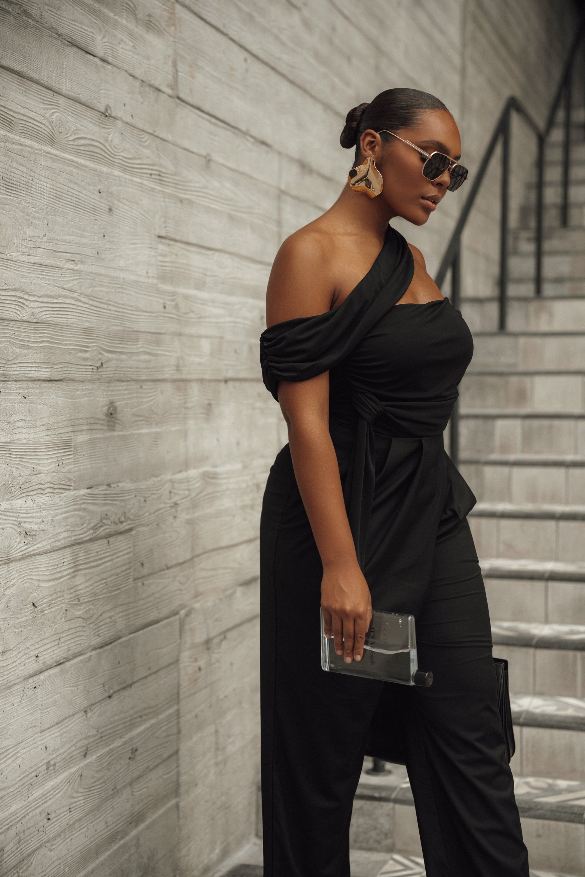 Black Asymmetrical Draped Trousers JLUXLABEL
