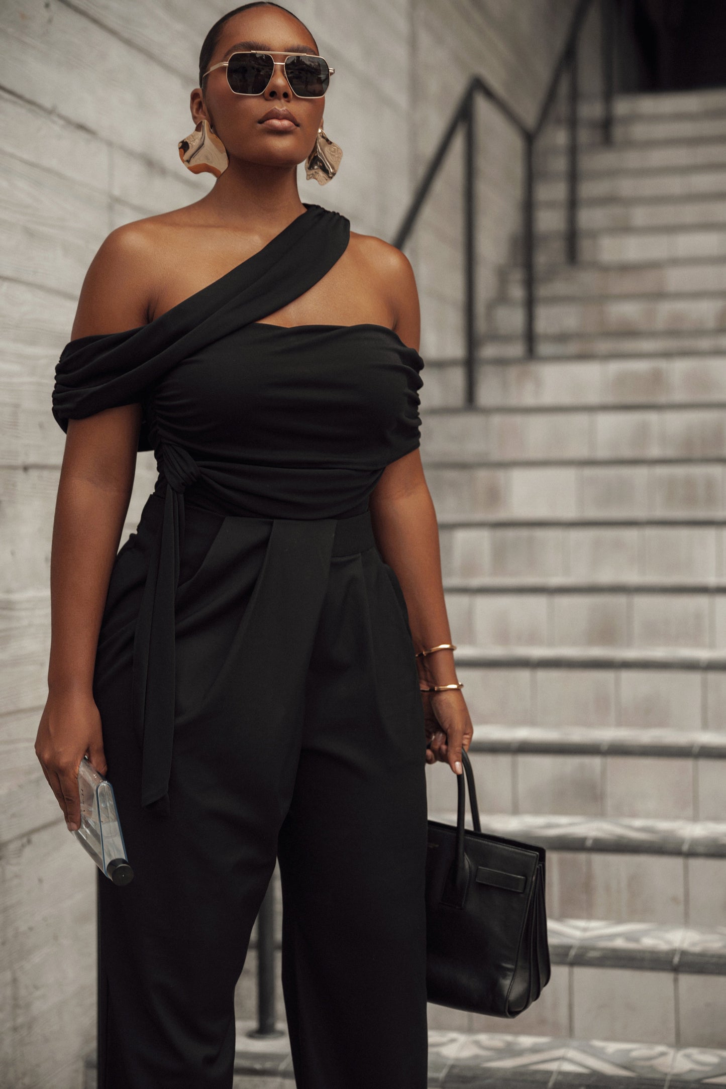Black Asymmetrical Draped Trousers JLUXLABEL
