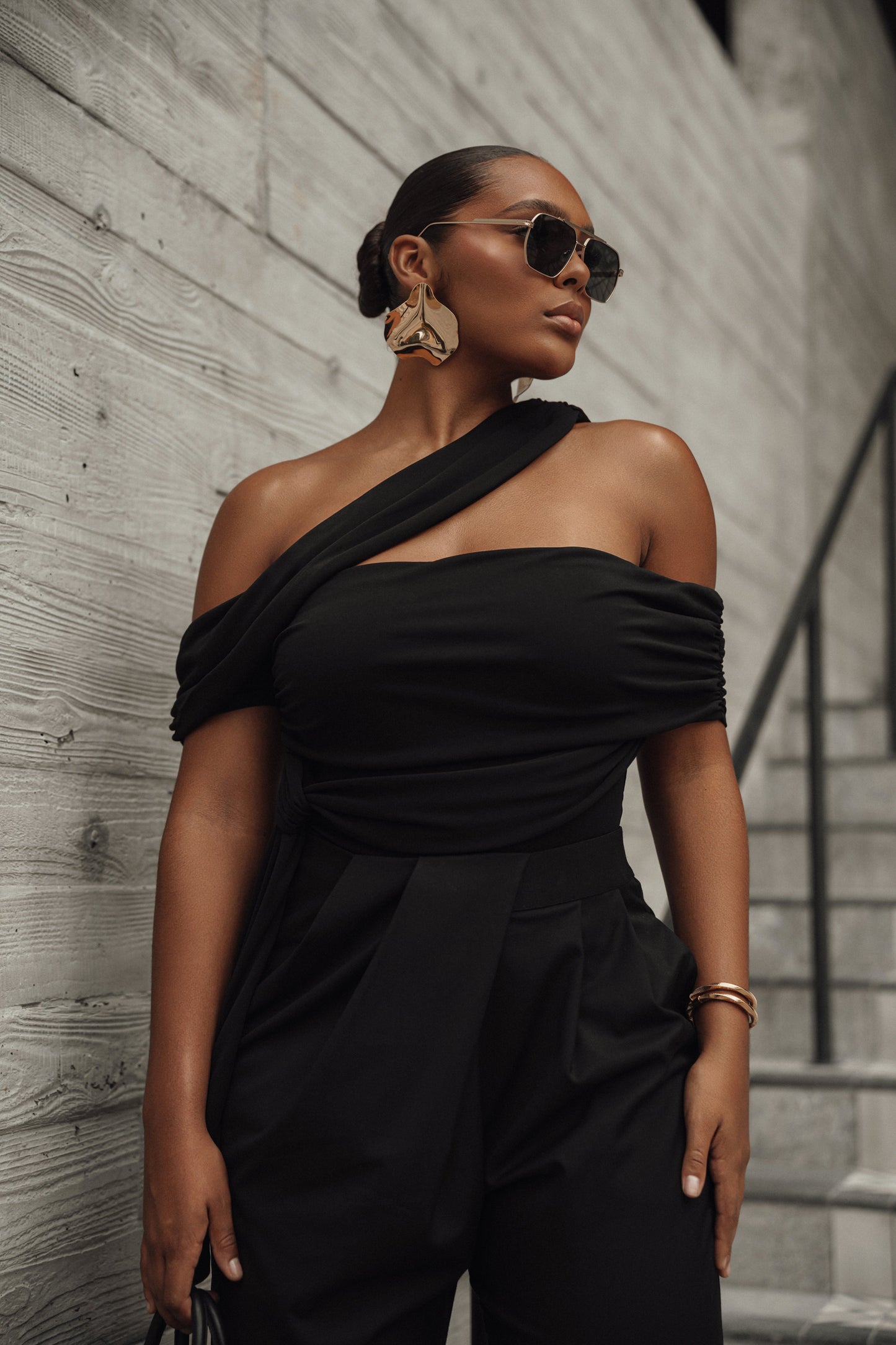 Black Above All Drape Bodysuit JLUXLABEL