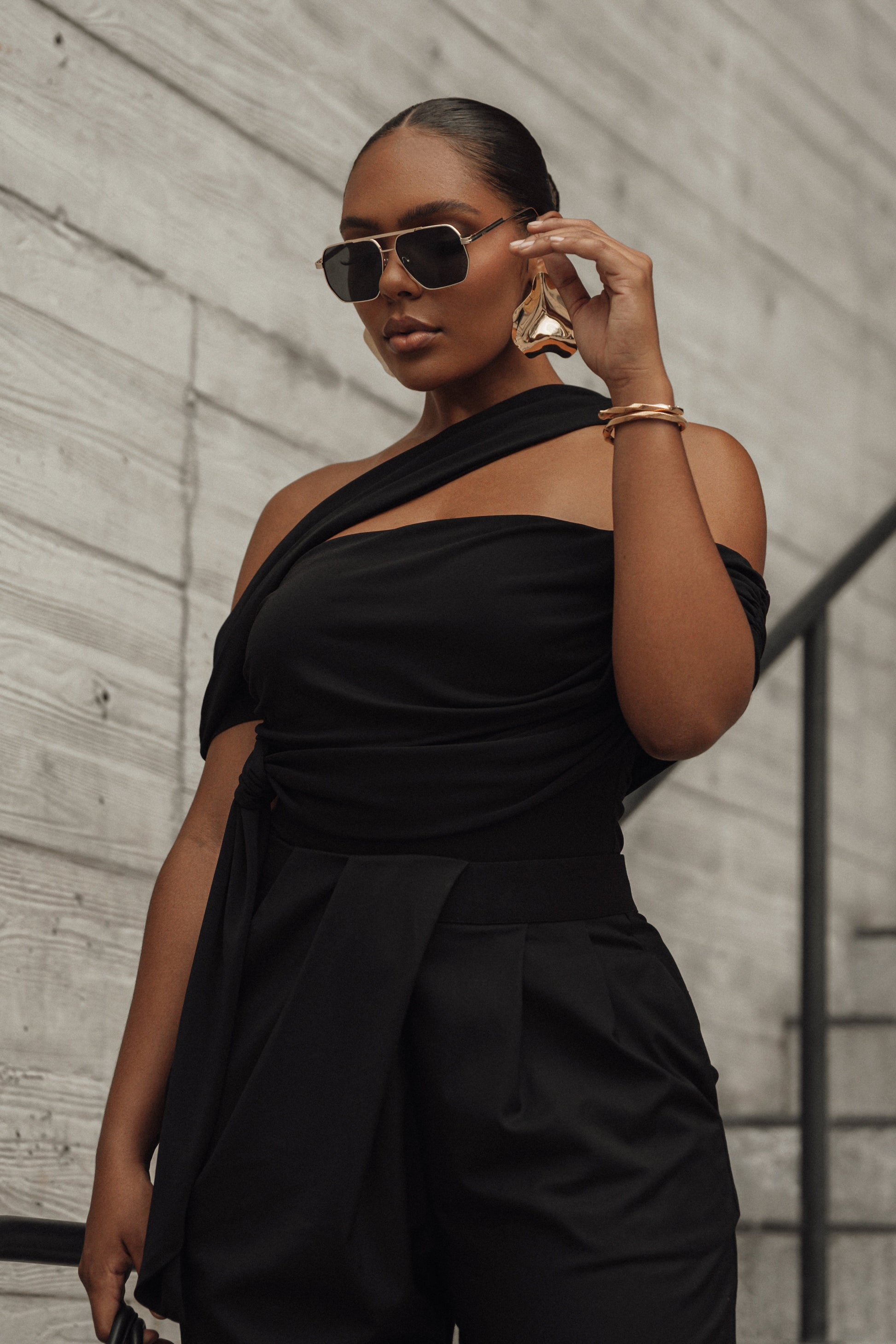 Black Asymmetrical Draped Trousers JLUXLABEL