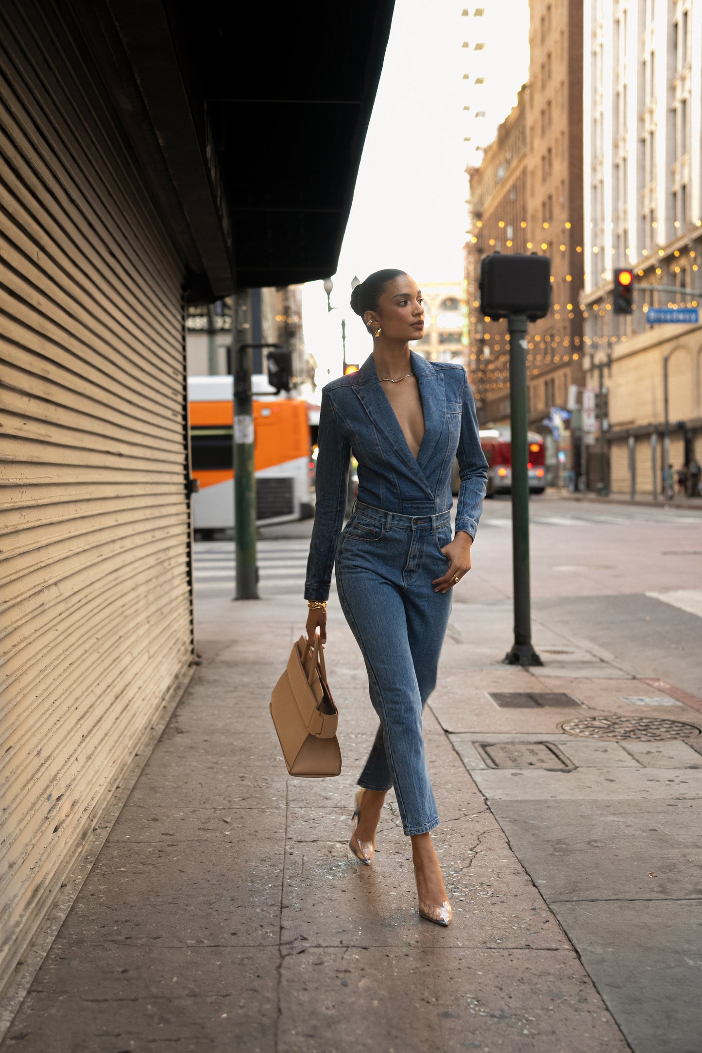 Medium Wash Dominica Structured Denim Bodysuit JLUXLABEL