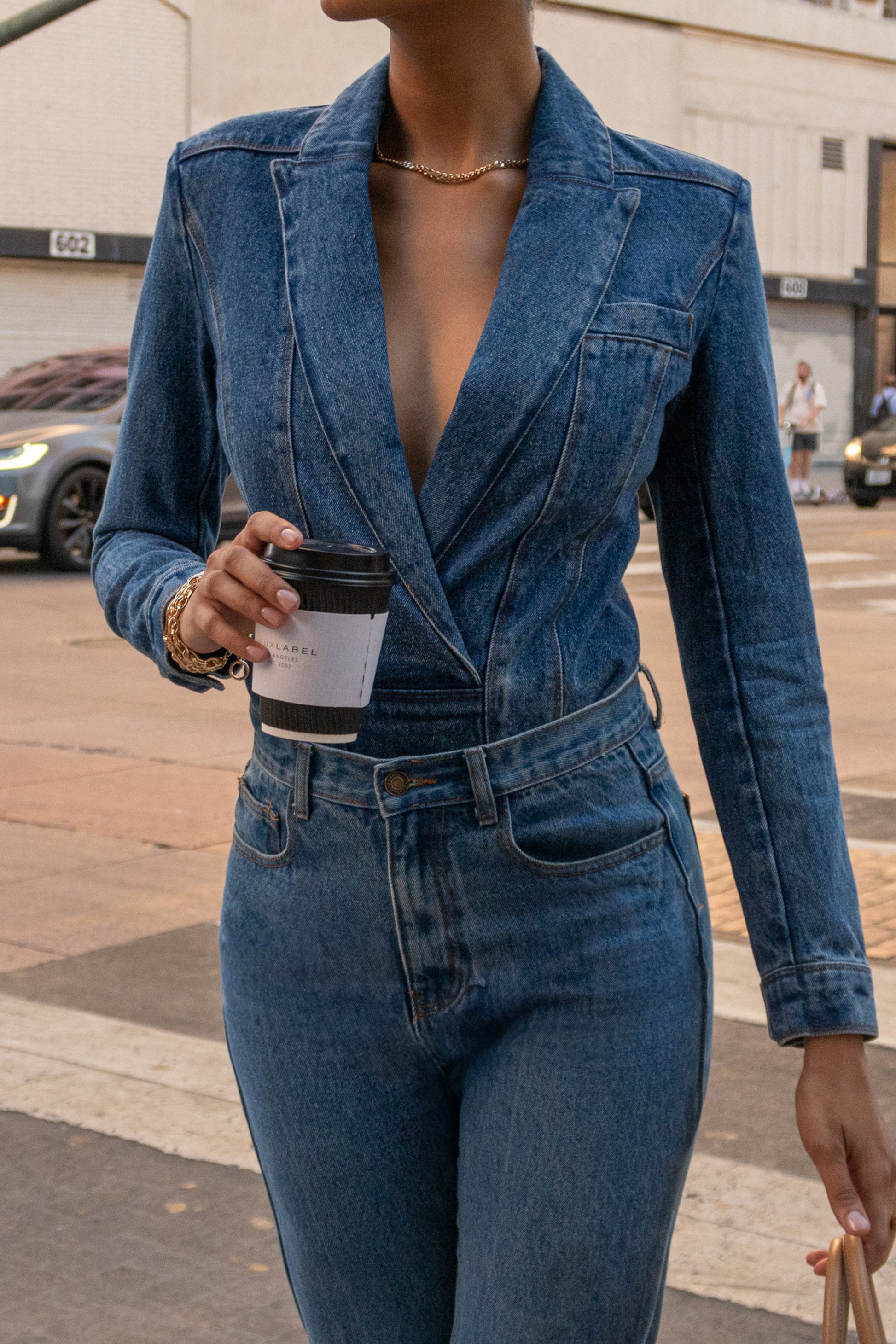 Medium Wash Dominica Structured Denim Bodysuit JLUXLABEL
