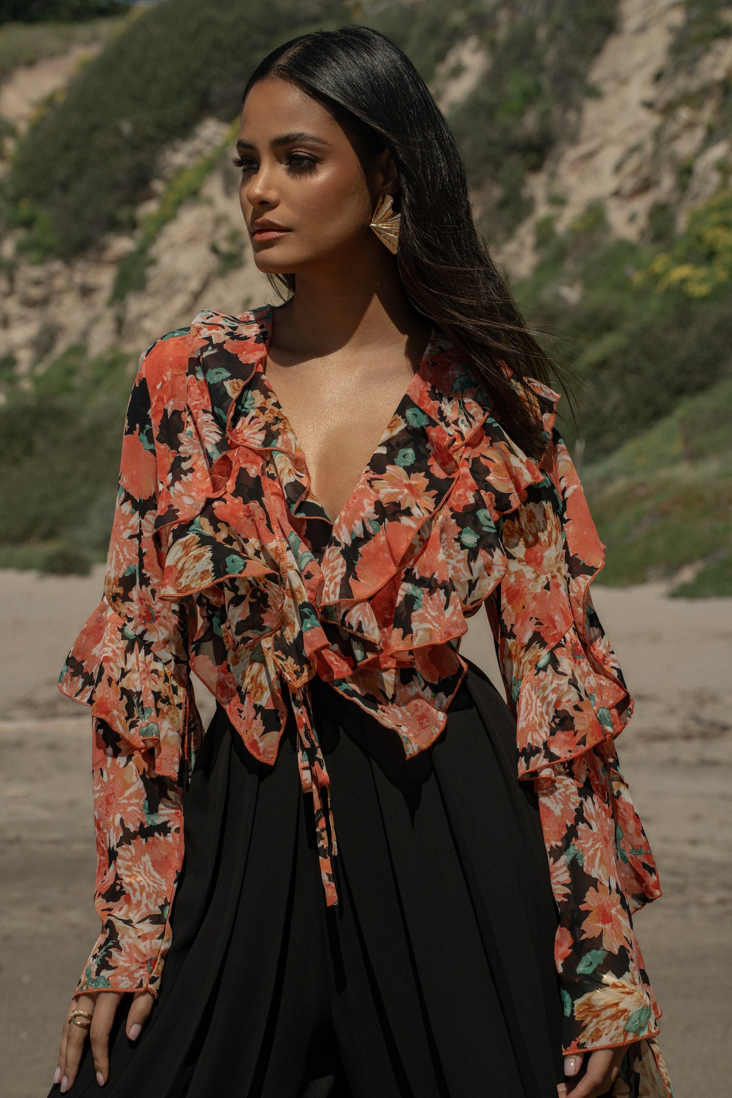 Black Floral Yvanna Ruffle Top JLUXLABEL