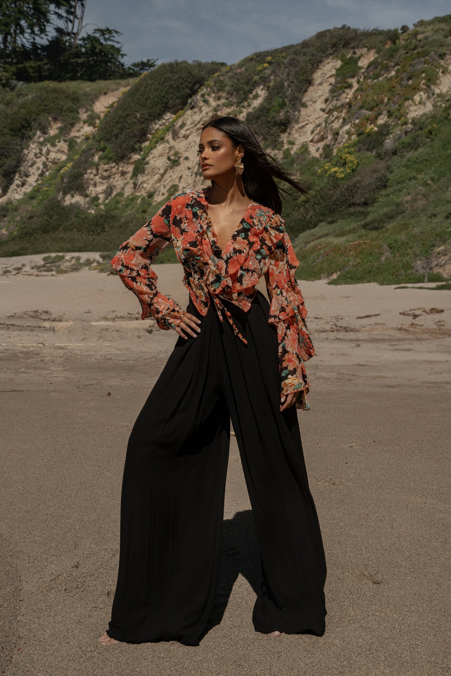 Black Floral Yvanna Ruffle Top JLUXLABEL