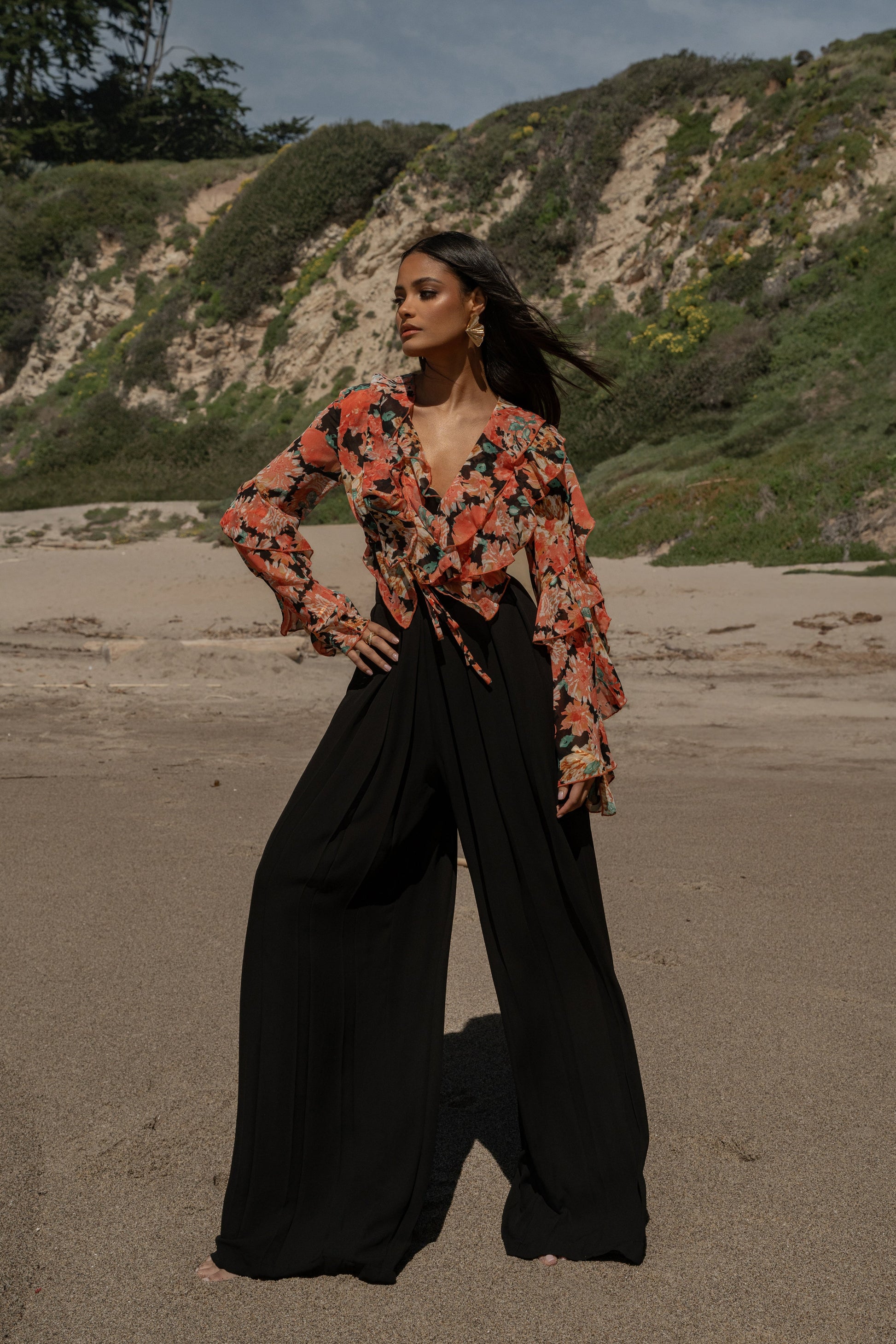 Black Floral Yvanna Ruffle Top JLUXLABEL