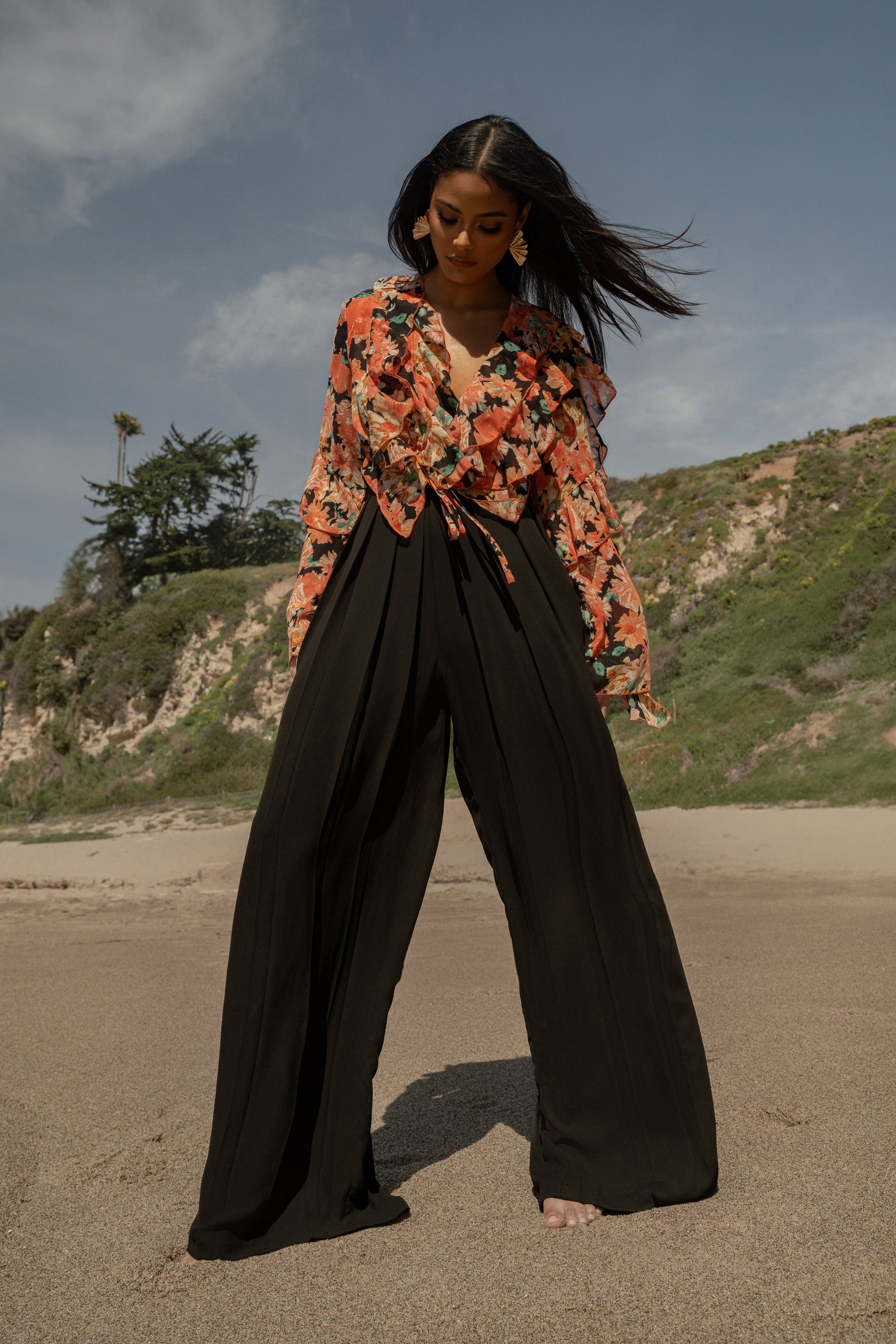 Black Floral Yvanna Ruffle Top JLUXLABEL