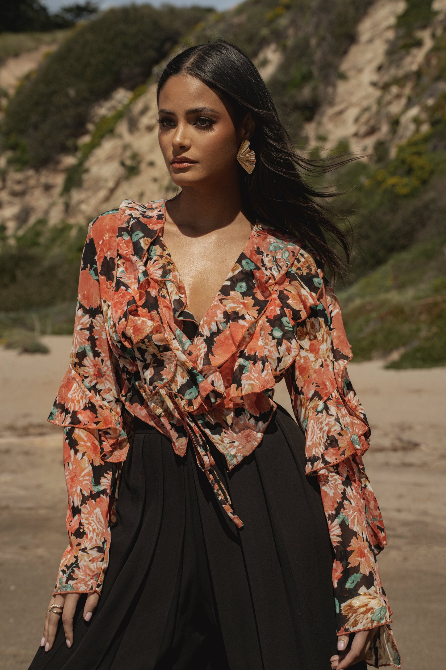 Black Floral Yvanna Ruffle Top JLUXLABEL