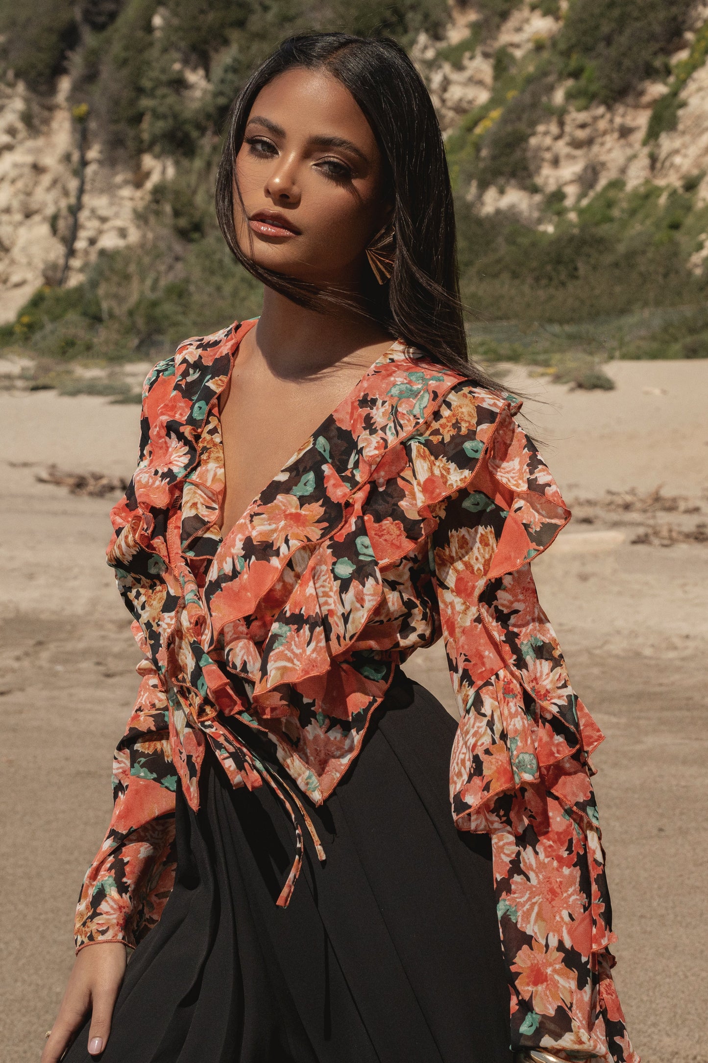 Black Floral Yvanna Ruffle Top JLUXLABEL