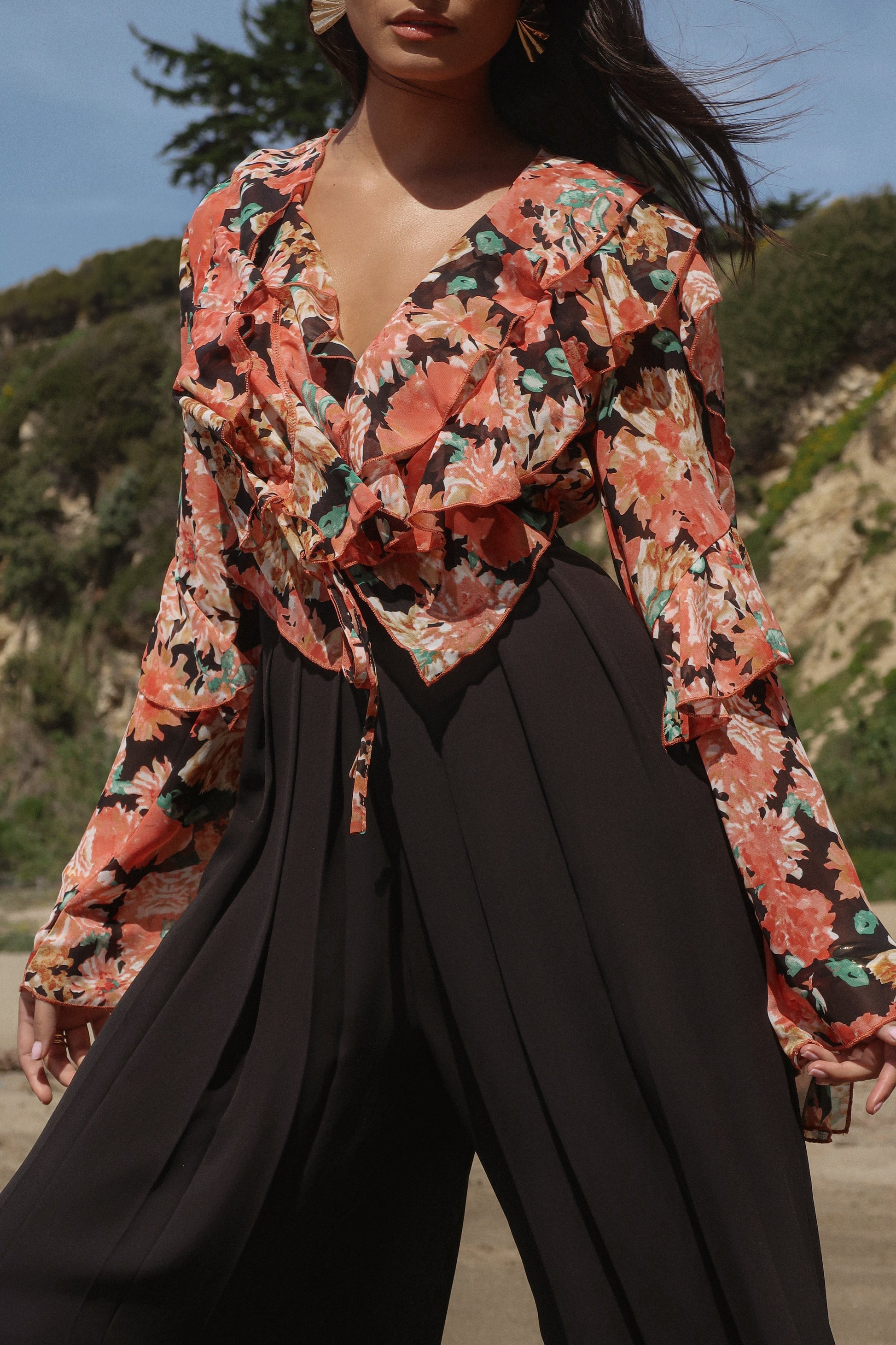Black Floral Yvanna Ruffle Top JLUXLABEL