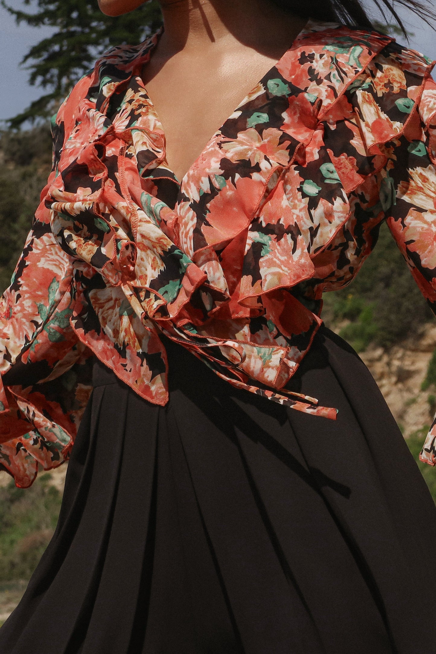 Black Floral Yvanna Ruffle Top JLUXLABEL