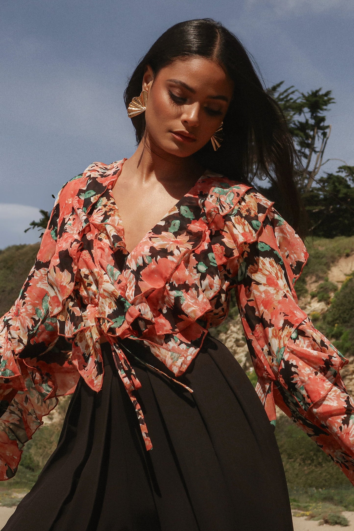 Black Floral Yvanna Ruffle Top JLUXLABEL