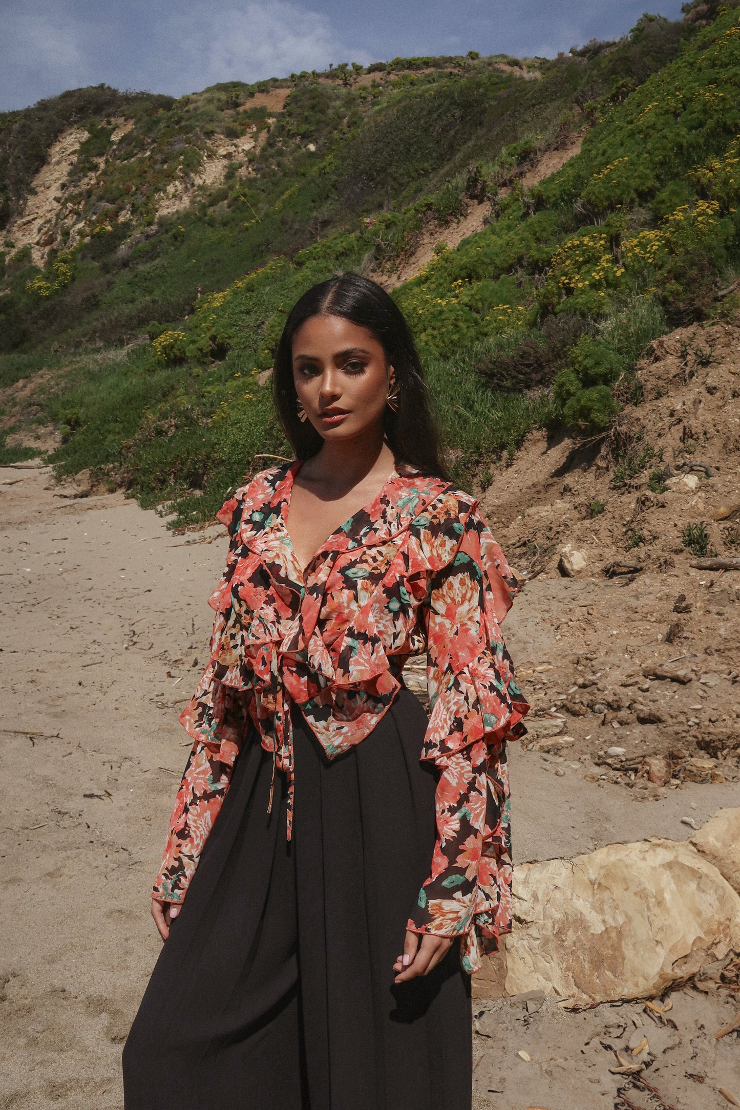 Black Floral Yvanna Ruffle Top JLUXLABEL