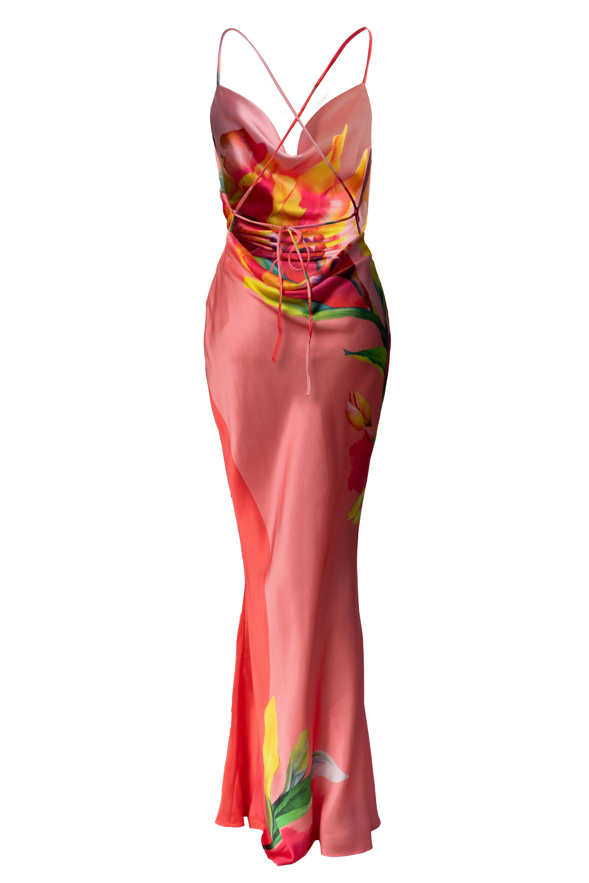 Pink Satin Floral Print Maxi Dress JLUXLABEL