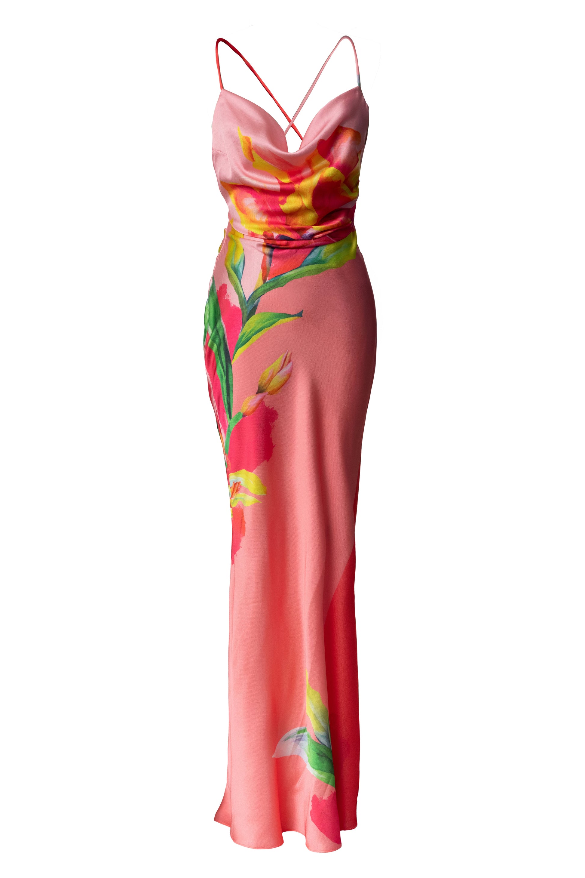 Pink Satin Floral Print Maxi Dress JLUXLABEL