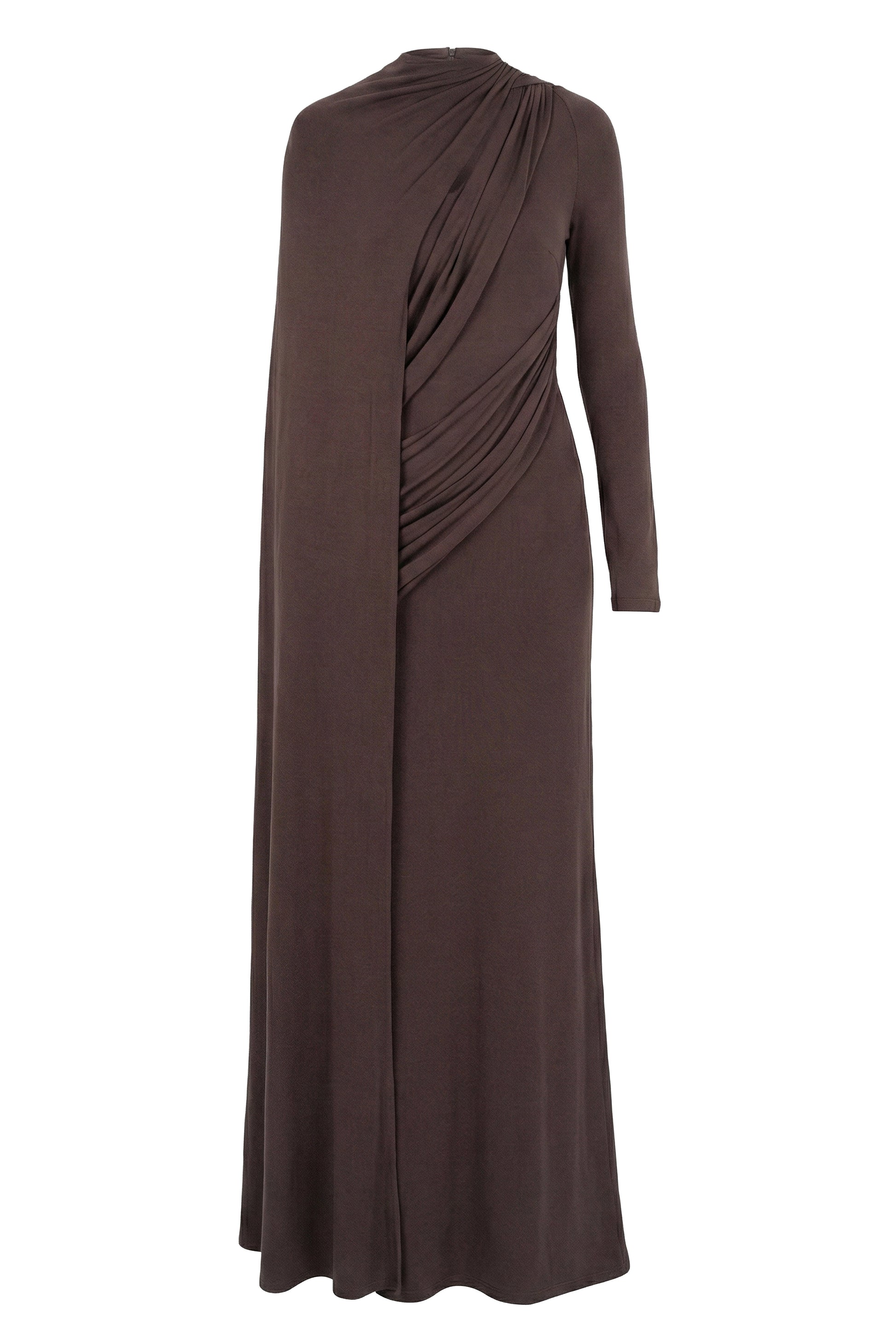 Chocolate Draped Elegance Cape Dress JLUXLABEL