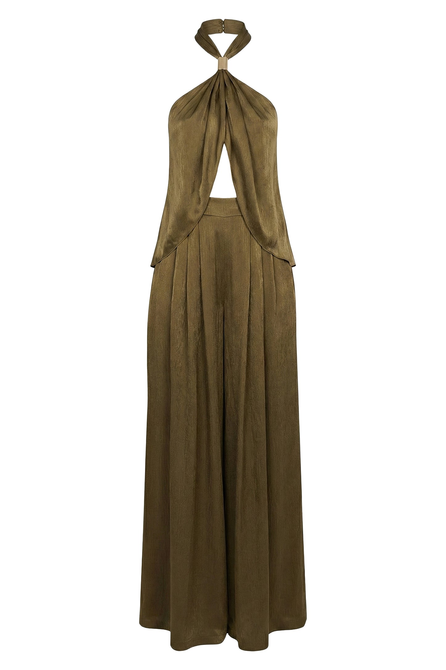 Olive Cascade Satin Pant Set NEWFASHIONEDGE