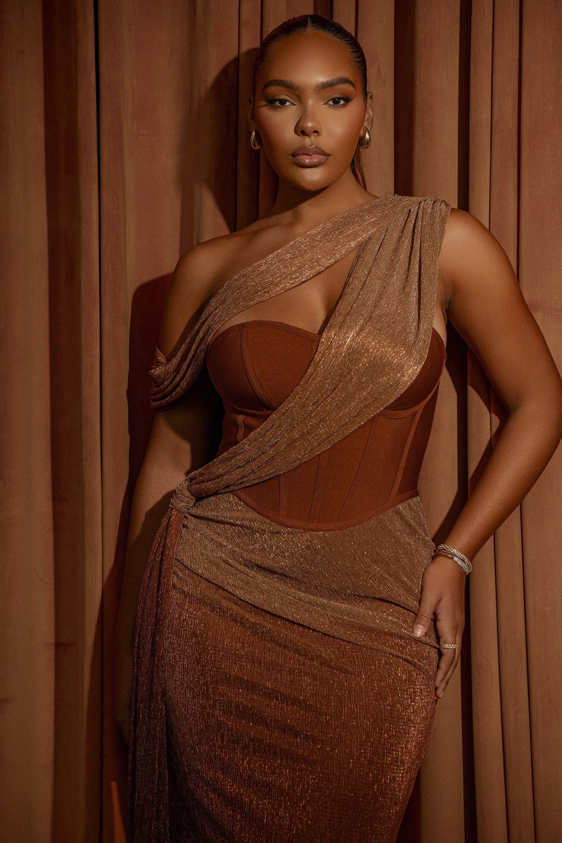 Gold Celestina Draped Maxi Dress JLUXLABEL