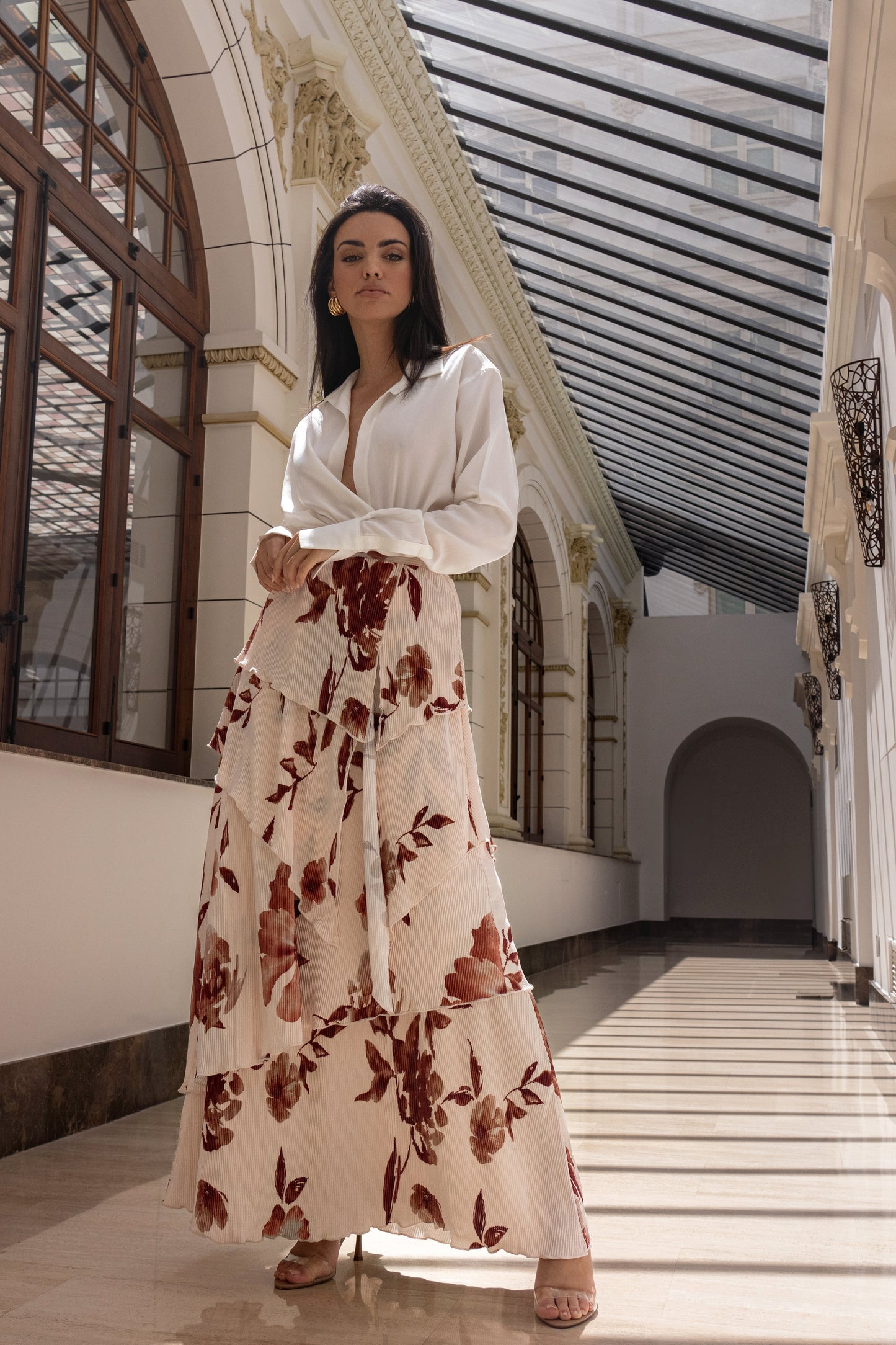 Cream Floral Kamira Tiered Skirt JLUXLABEL