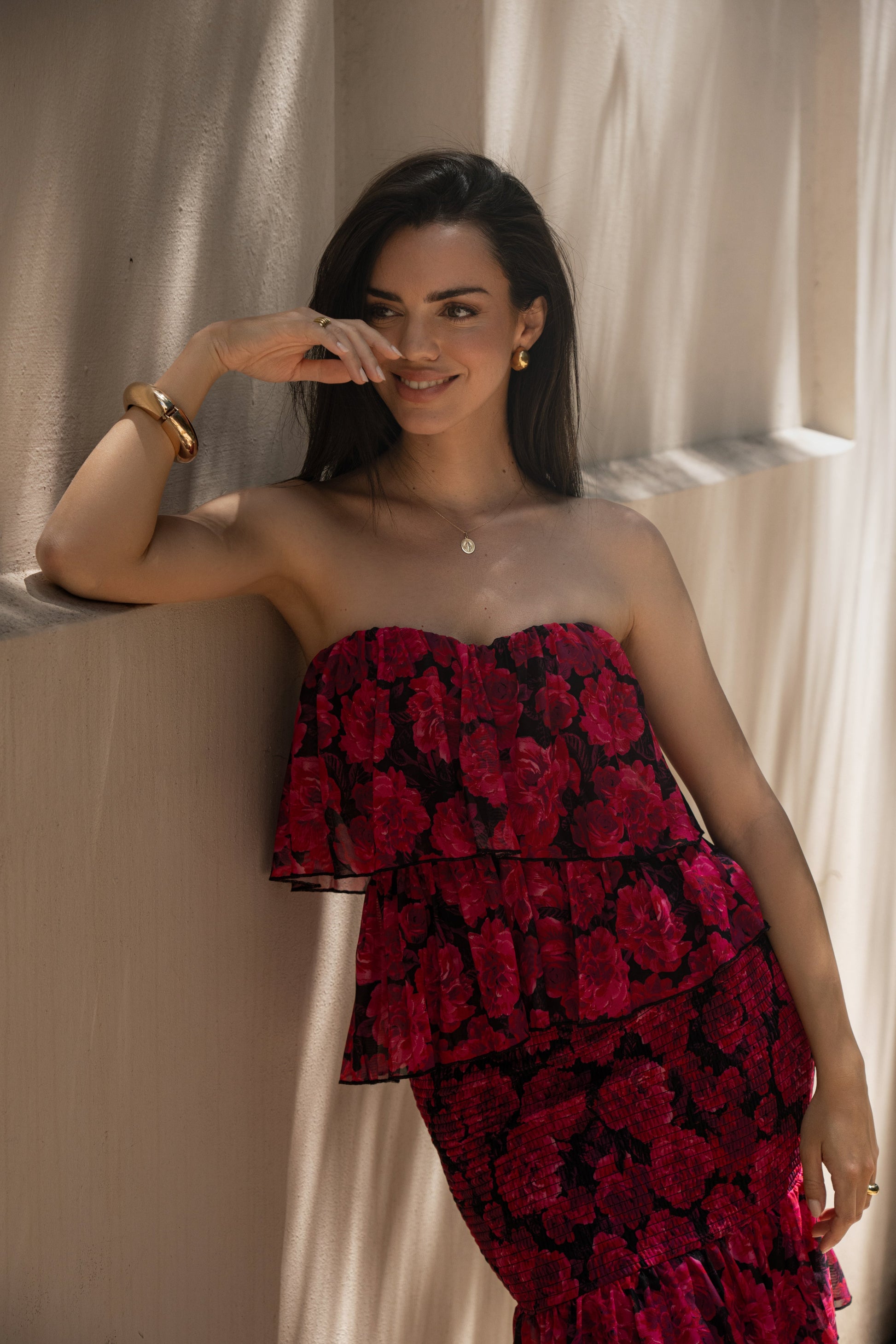 Pink  Floral Casa Blanca Ruffle Dress JLUXLABEL