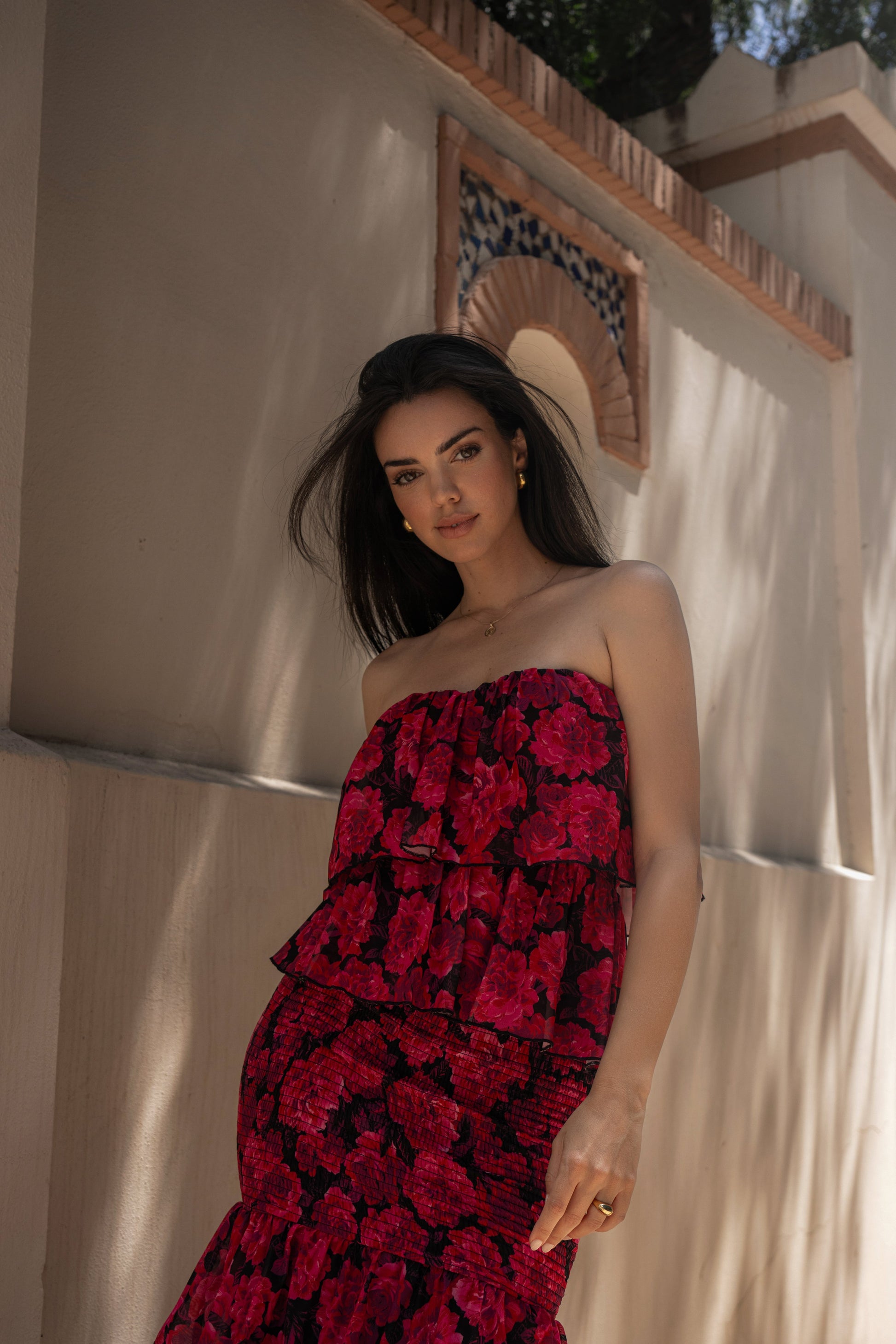 Pink  Floral Casa Blanca Ruffle Dress JLUXLABEL
