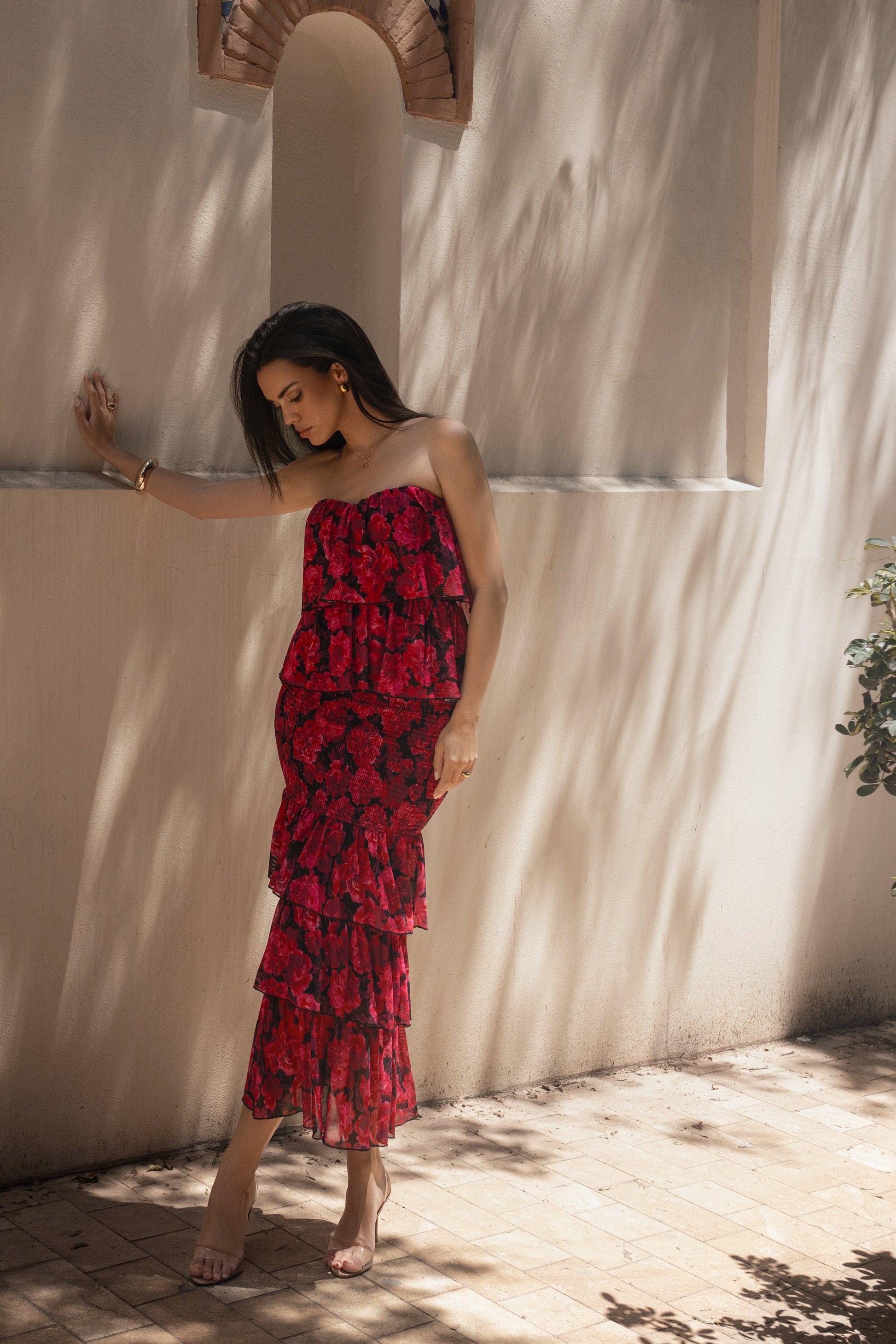Pink  Floral Casa Blanca Ruffle Dress JLUXLABEL