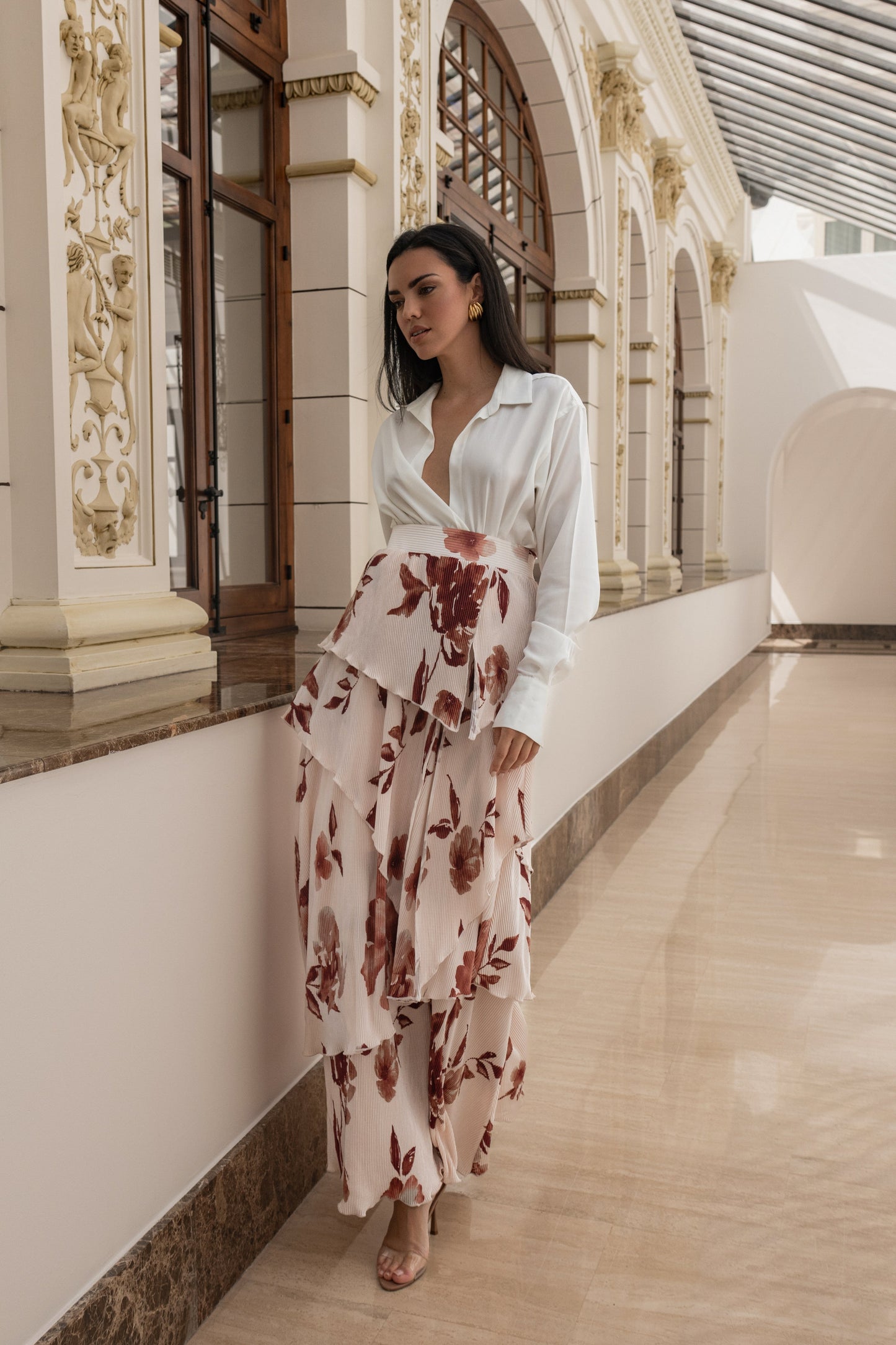 Cream Floral Kamira Tiered Skirt JLUXLABEL