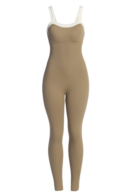 Beige/White Core Ribbed Jumpsuit JLUXLABEL