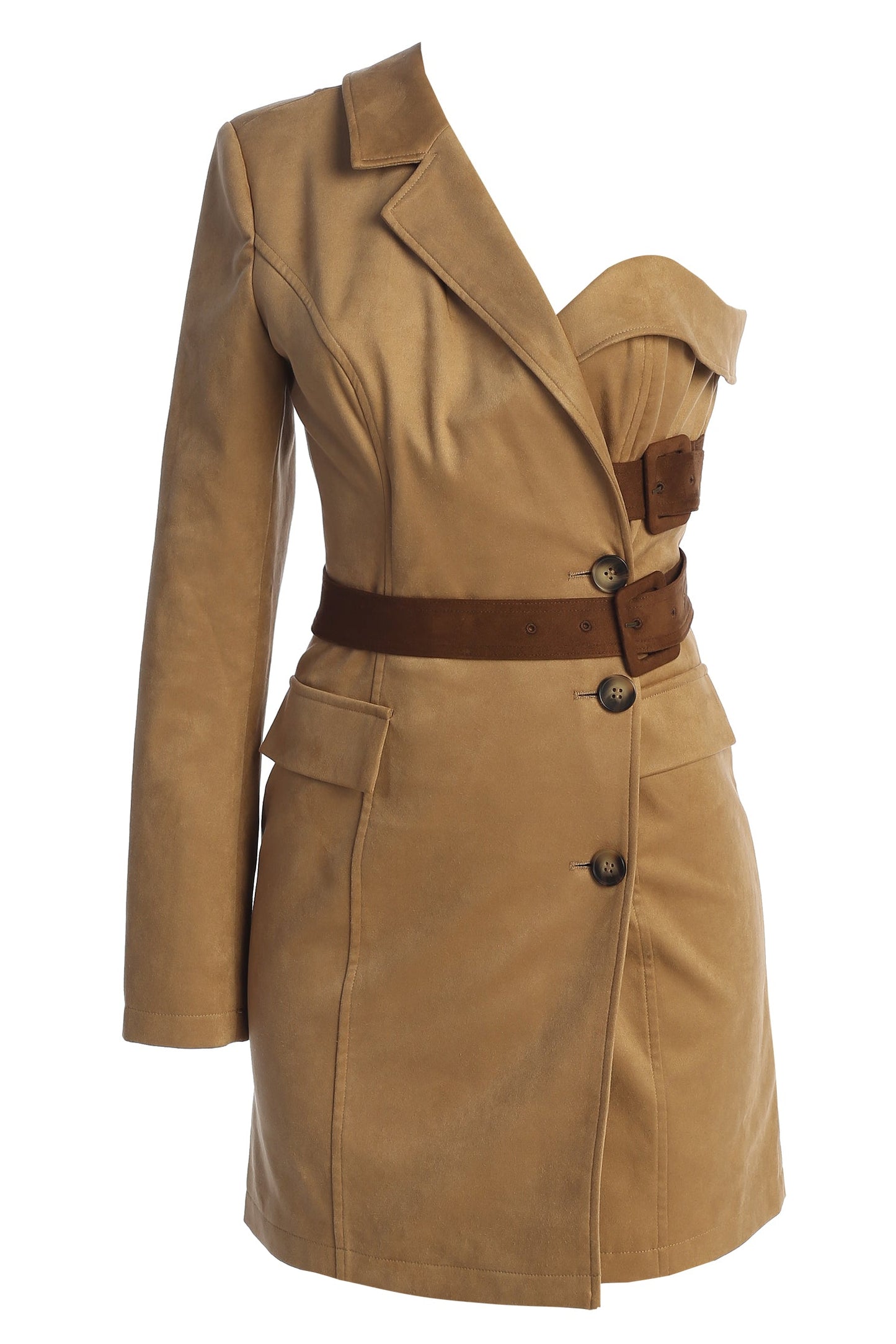 Beige One Shoulder Suede Blazer Dress JLUXLABEL