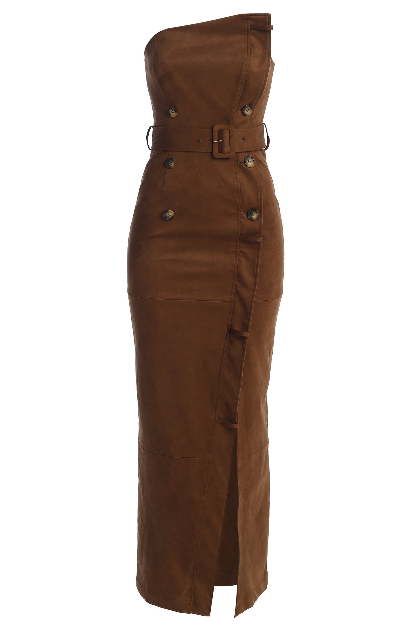 Chocolate Xena Suede Maxi Dress JLUXLABEL
