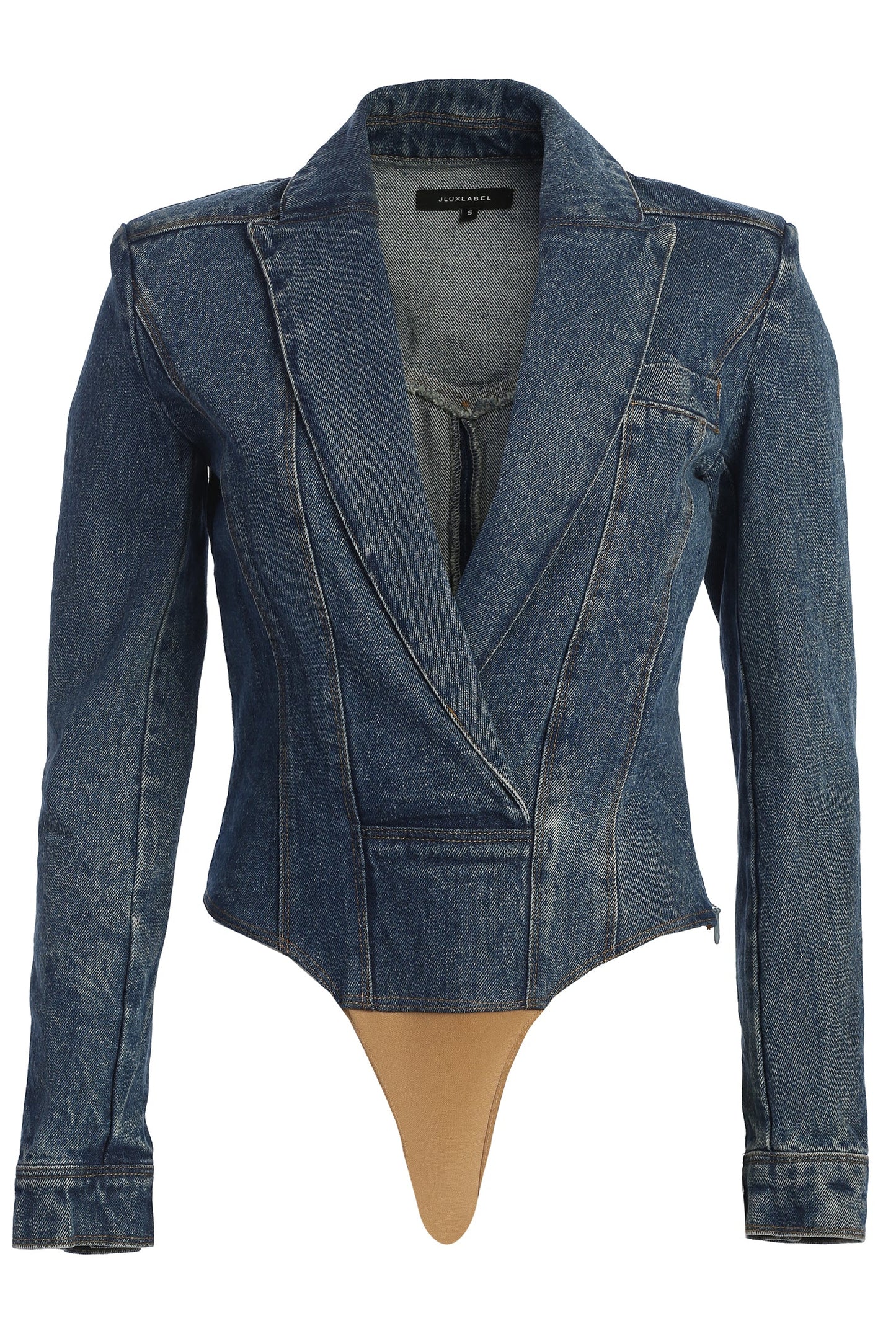 Medium Wash Dominica Structured Denim Bodysuit JLUXLABEL