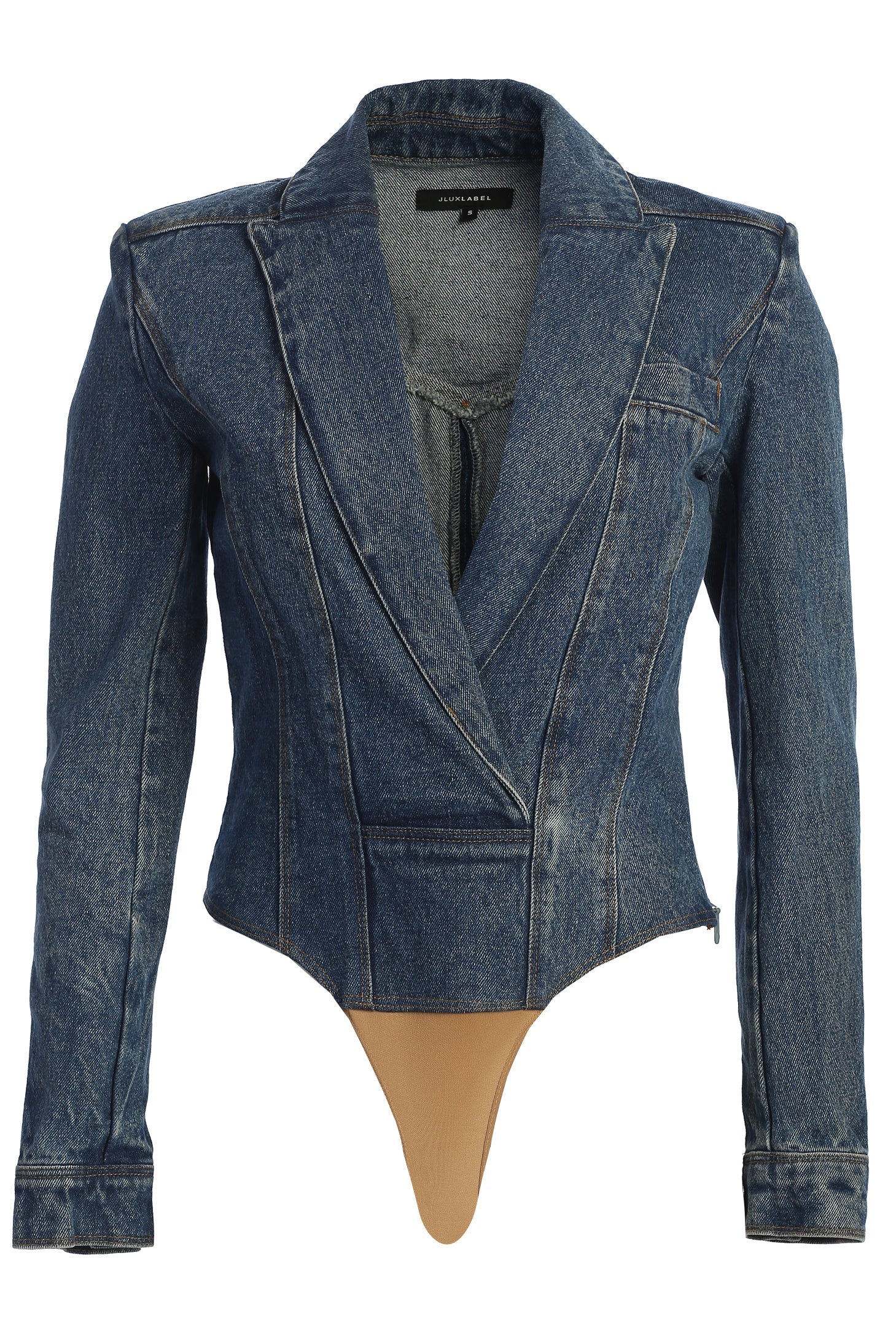 Medium Wash Dominica Structured Denim Bodysuit JLUXLABEL