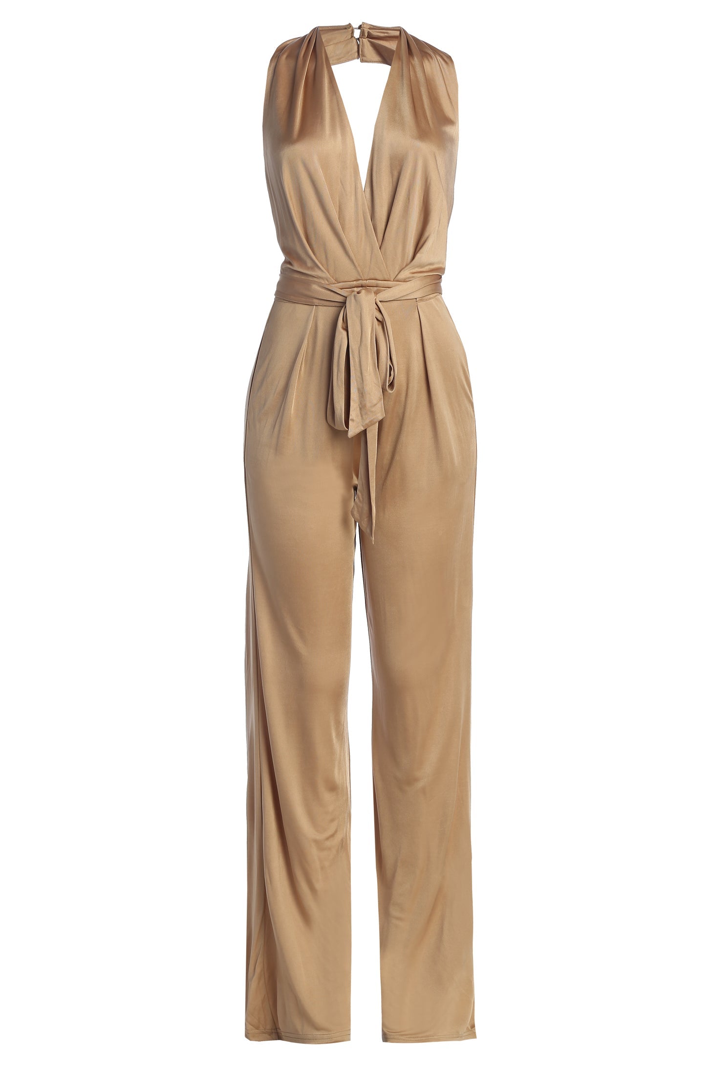 Beige Slinky Halter Belted Jumpsuit JLUXLABEL