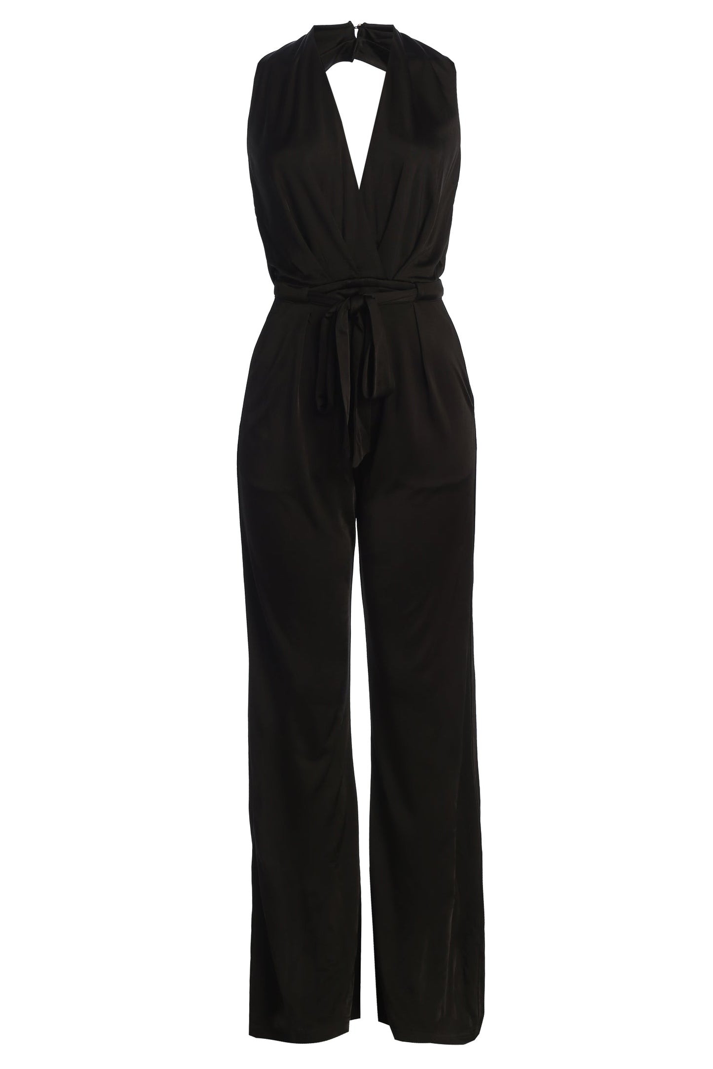 Black Slinky Halter Belted Jumpsuit JLUXLABEL