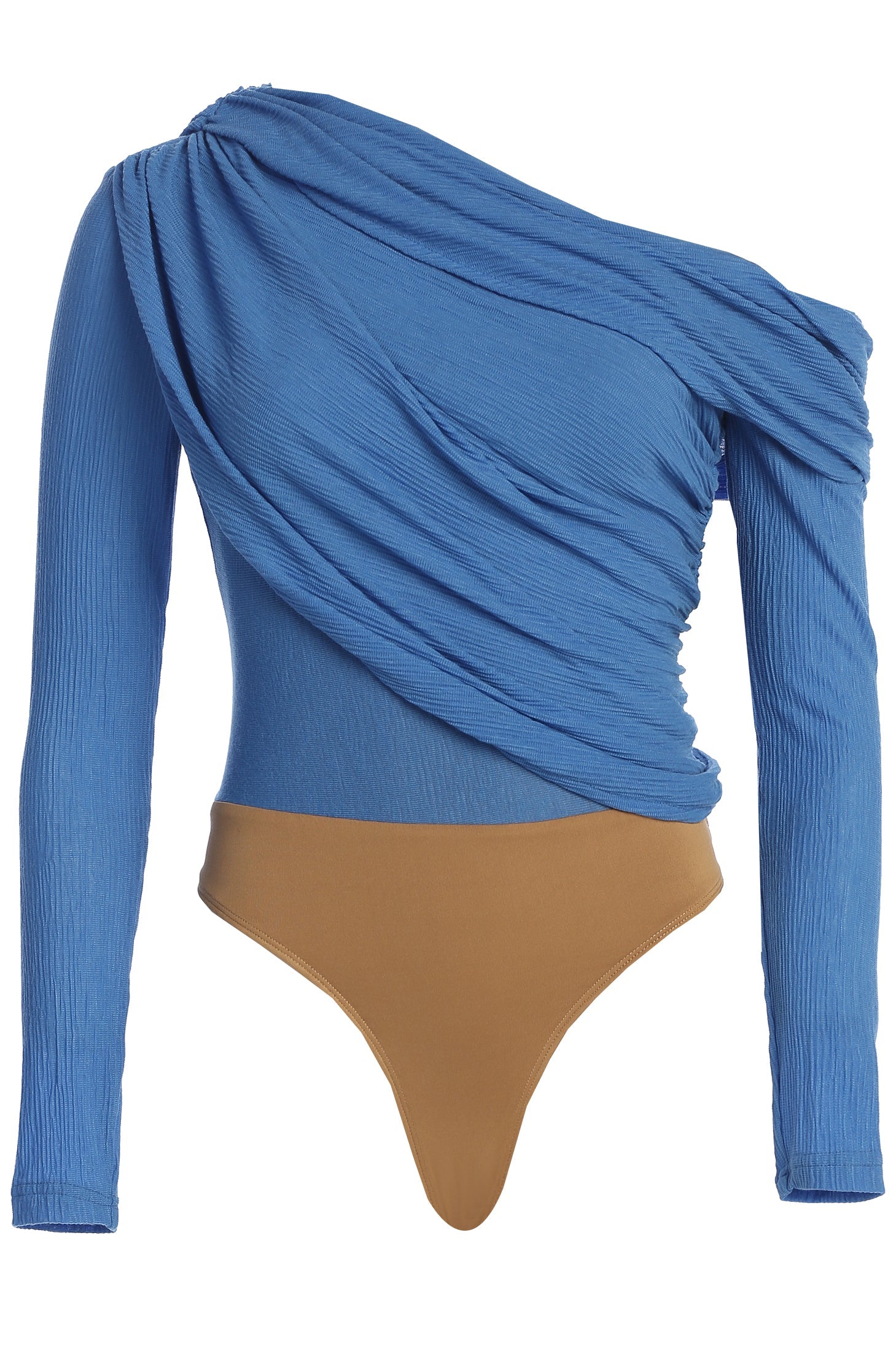 Blue Textured One Shoulder Bodysuit JLUXLABEL