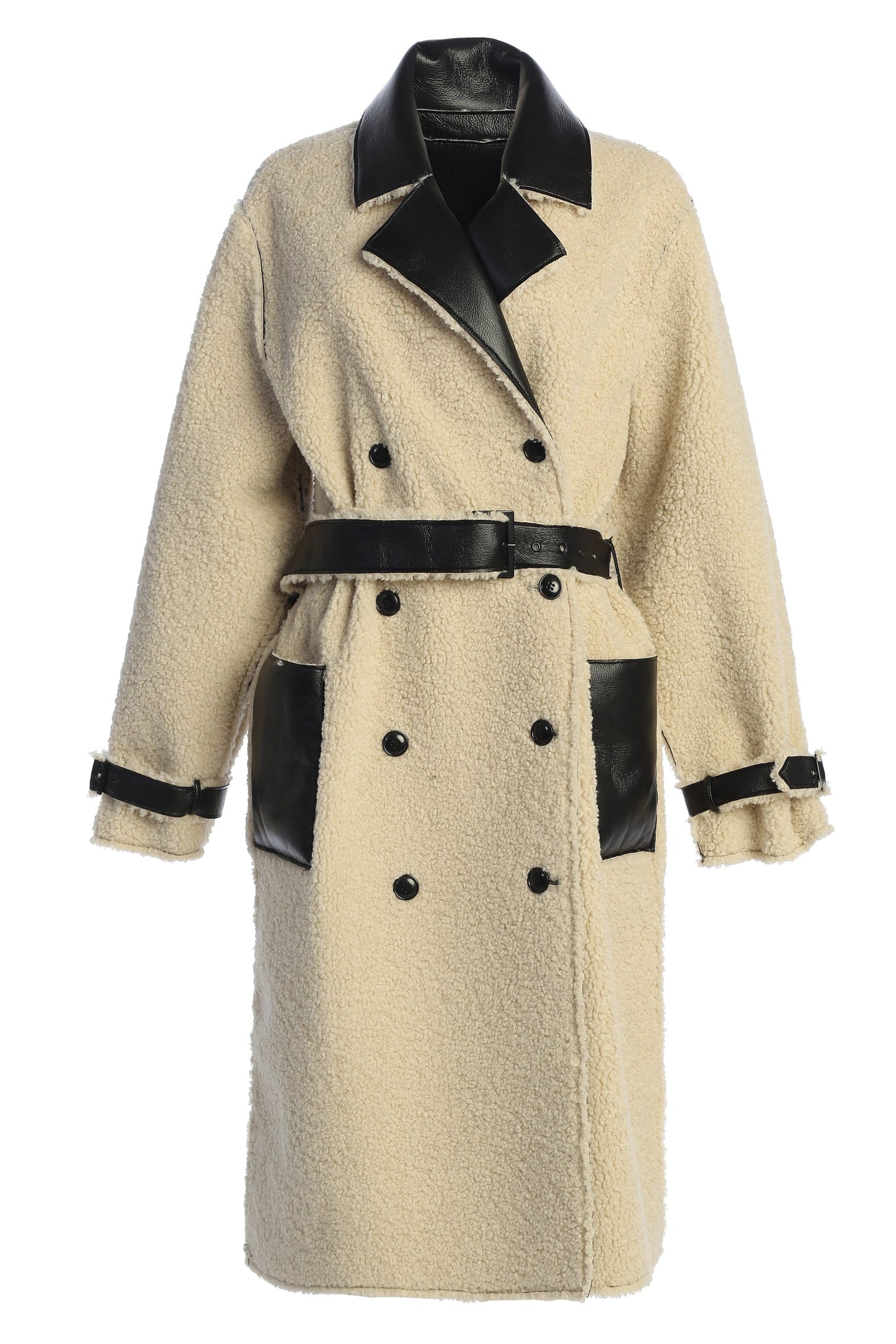 Black/Ivory Sherpa And Faux Leather Coat JLUXLABEL