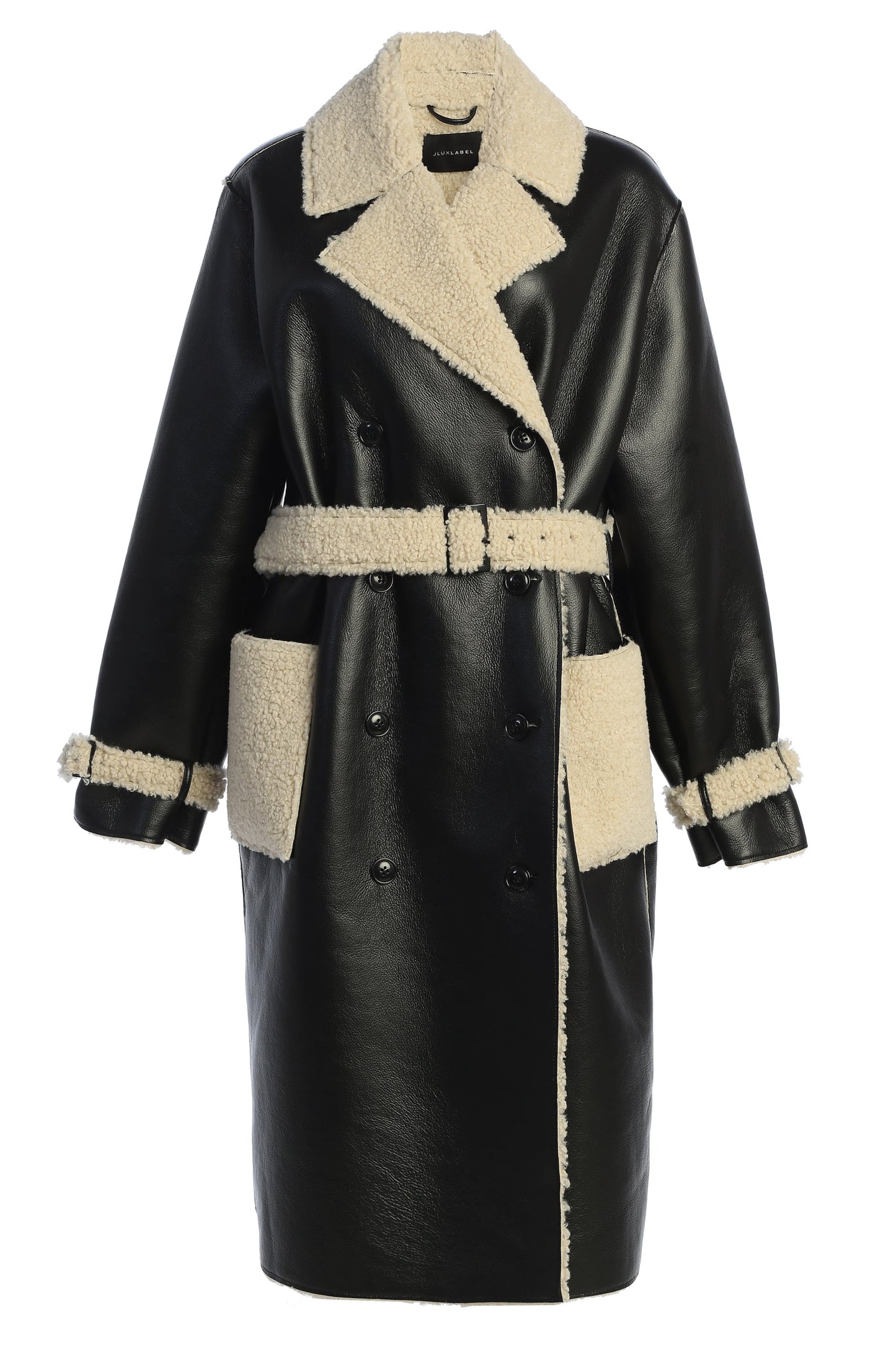 Black/Ivory Sherpa And Faux Leather Coat JLUXLABEL