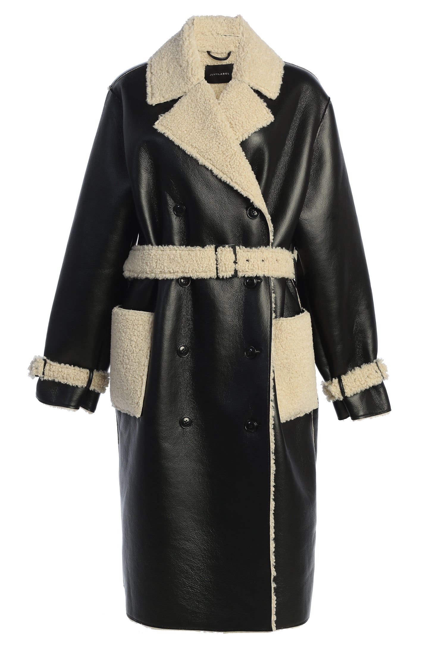 Black/Ivory Sherpa And Faux Leather Coat JLUXLABEL
