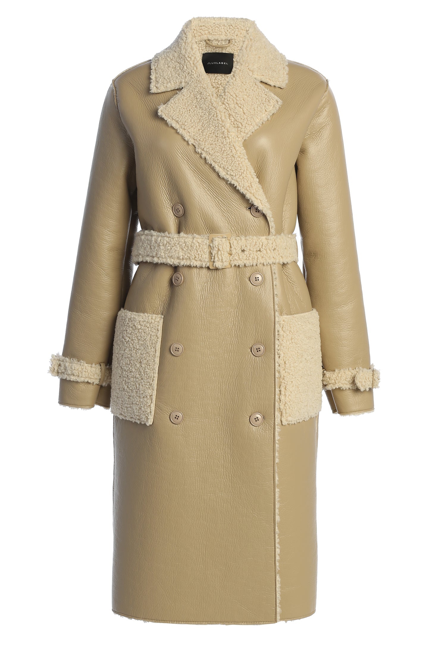 Beige/Ivory Sherpa And Faux Leather Coat JLUXLABEL