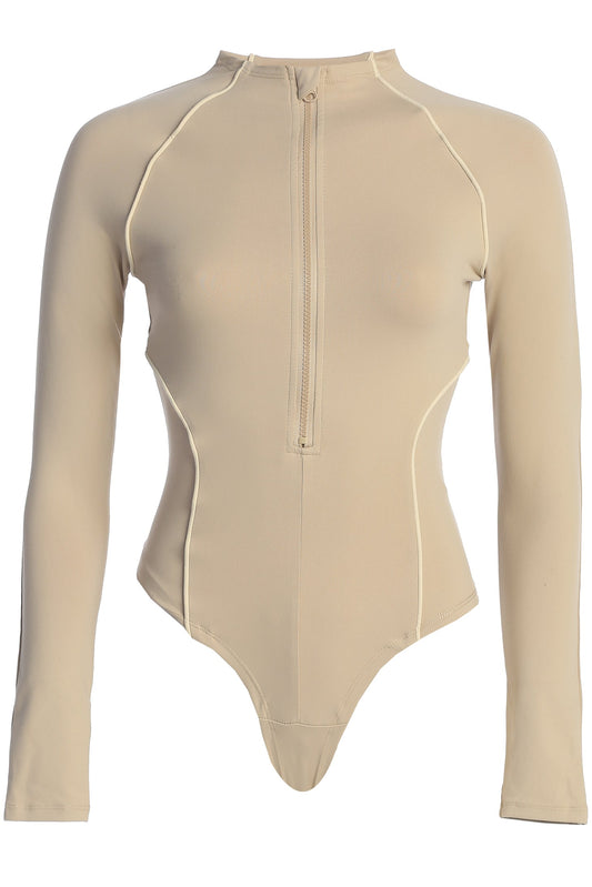 Beige Rise Up Zip Front Bodysuit JLUXLABEL