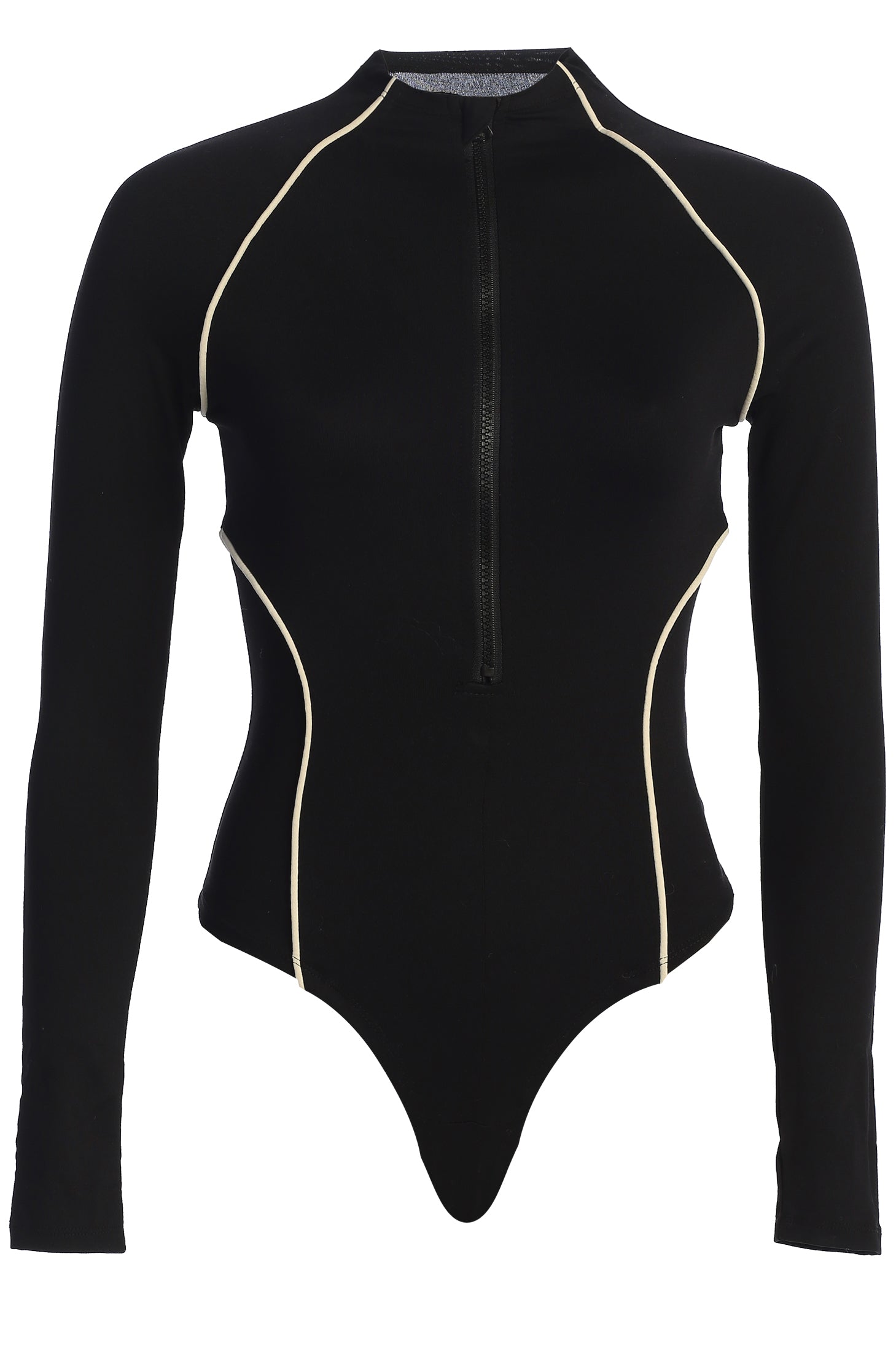 Black Rise Up Zip Front Bodysuit JLUXLABEL