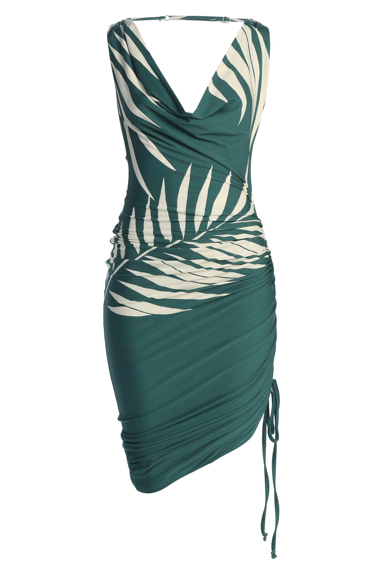 Green Palm Print Ruched Dress JLUXLABEL