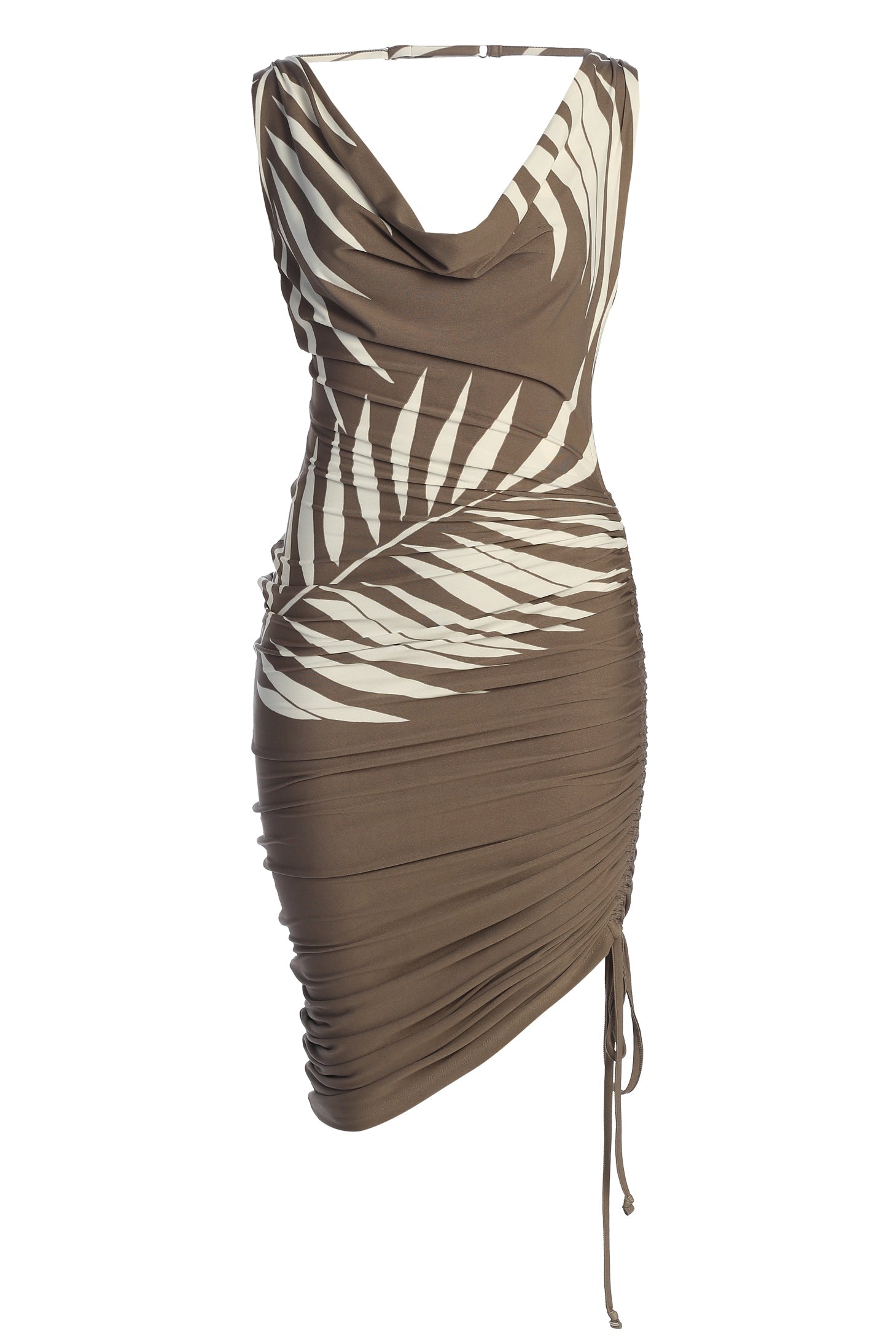 Tan Palm Print Ruched Dress JLUXLABEL