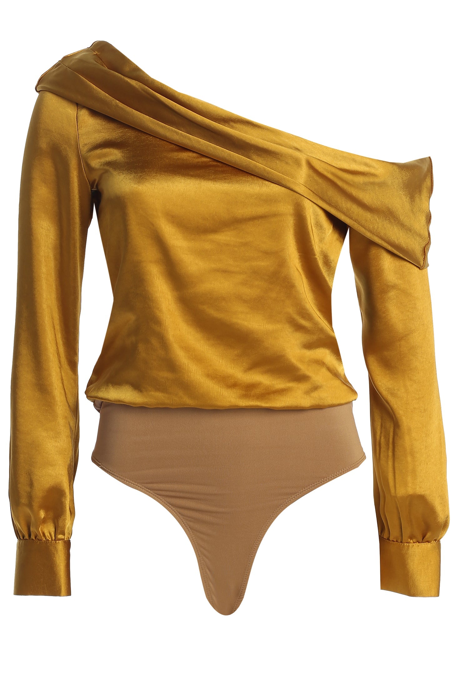 Yellow Satin Rima Asymmetrical Bodysuit JLUXLABEL